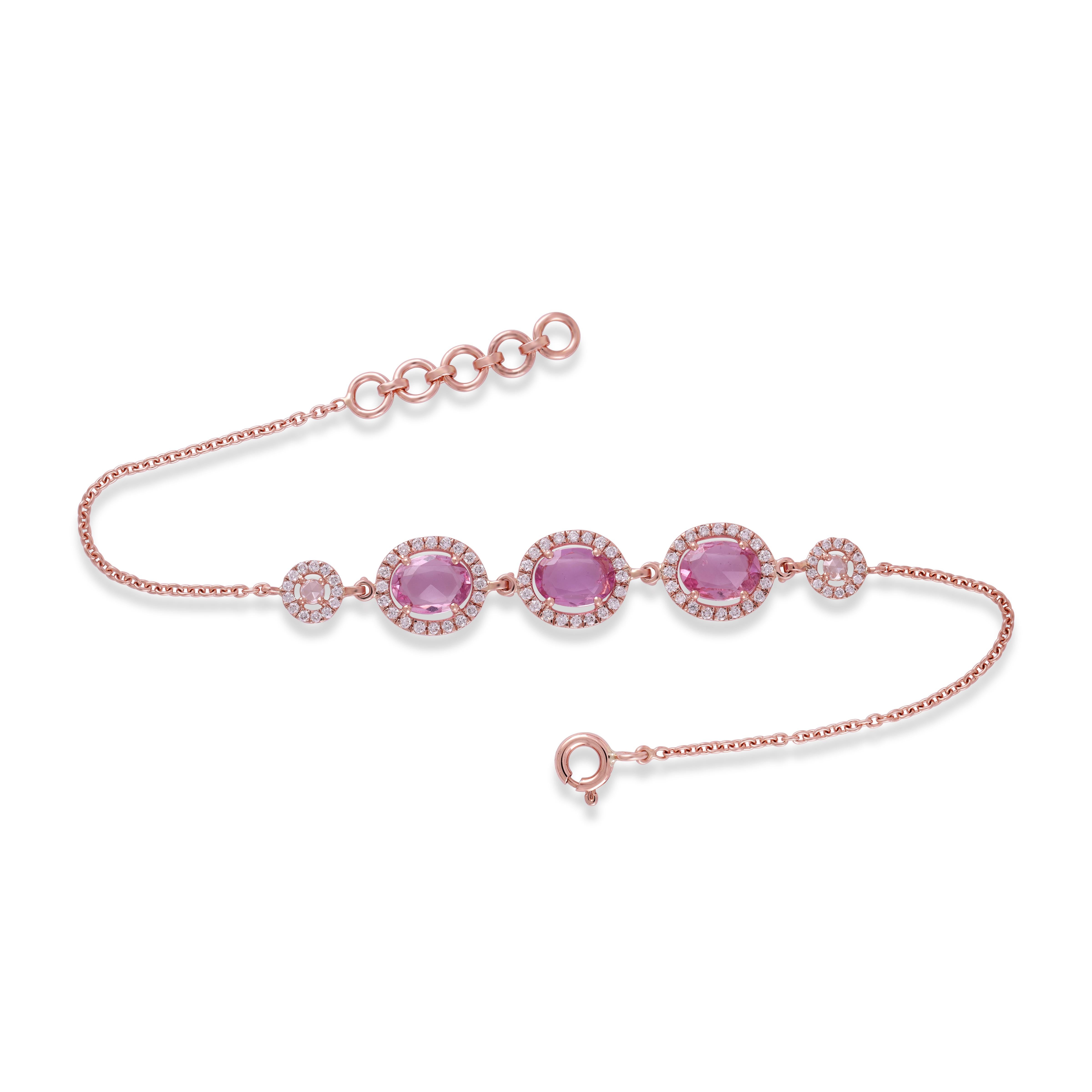 A very beautiful and dainty Pink Sapphire Chain Bracelet let in 18K Rose Gold & Diamonds. The weight of the Multi Sapphires is 2.63 carats. The weight of the Diamonds is 0.66 carats. 
 Bracelet size - 6 -7 inches and can be Resize.
