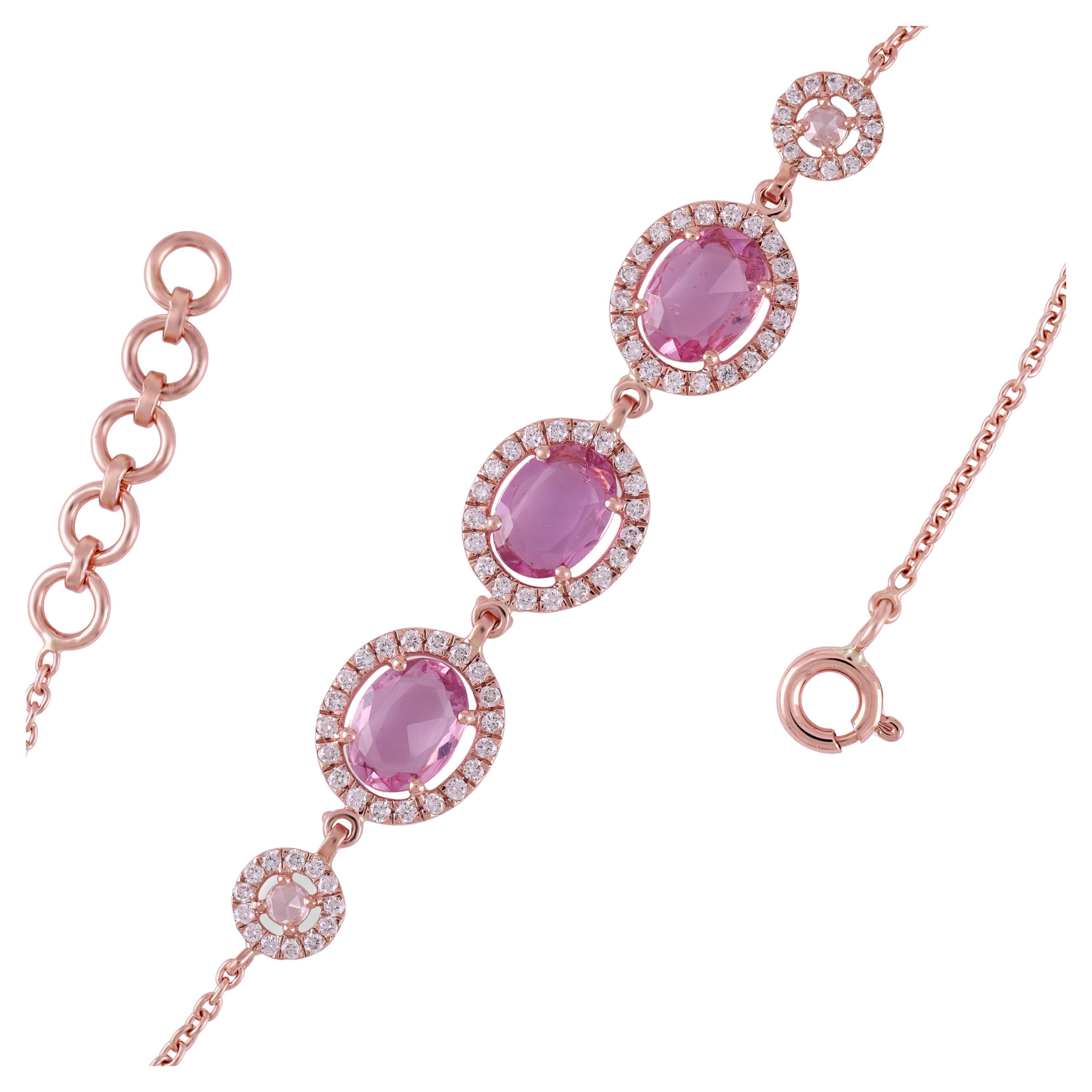 2.63 Carats Saphir Rose  Bracelet en chaîne avec diamants