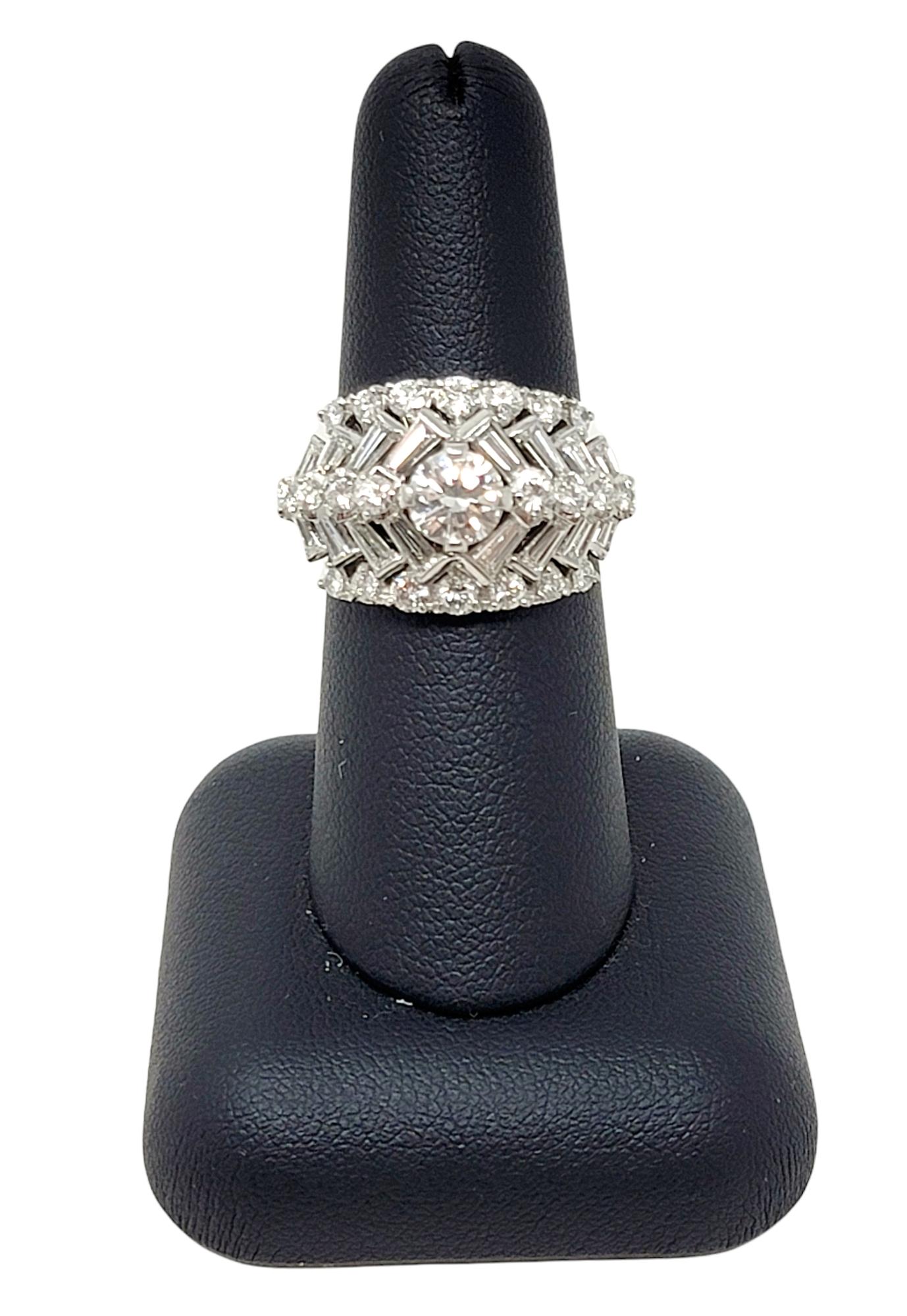 2.63 Carats Total  Round and Baguette Diamond Chevron Dome Platinum Band Ring For Sale 5