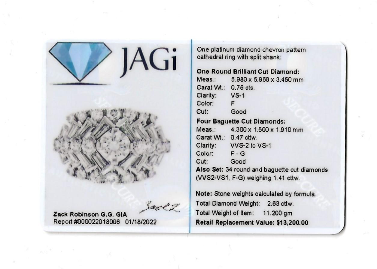 2.63 Carats Total  Round and Baguette Diamond Chevron Dome Platinum Band Ring For Sale 8