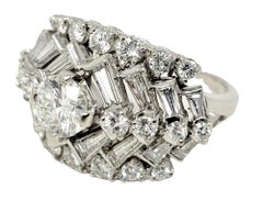 2.63 Carats Total  Round and Baguette Diamond Chevron Dome Platinum Band Ring