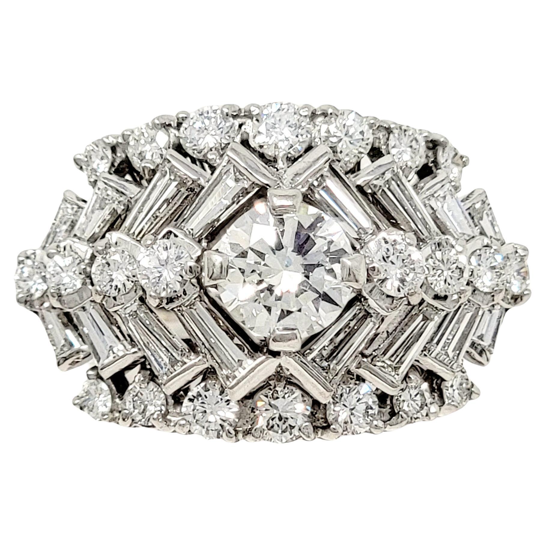 2.63 Carats Total  Round and Baguette Diamond Chevron Dome Platinum Band Ring For Sale