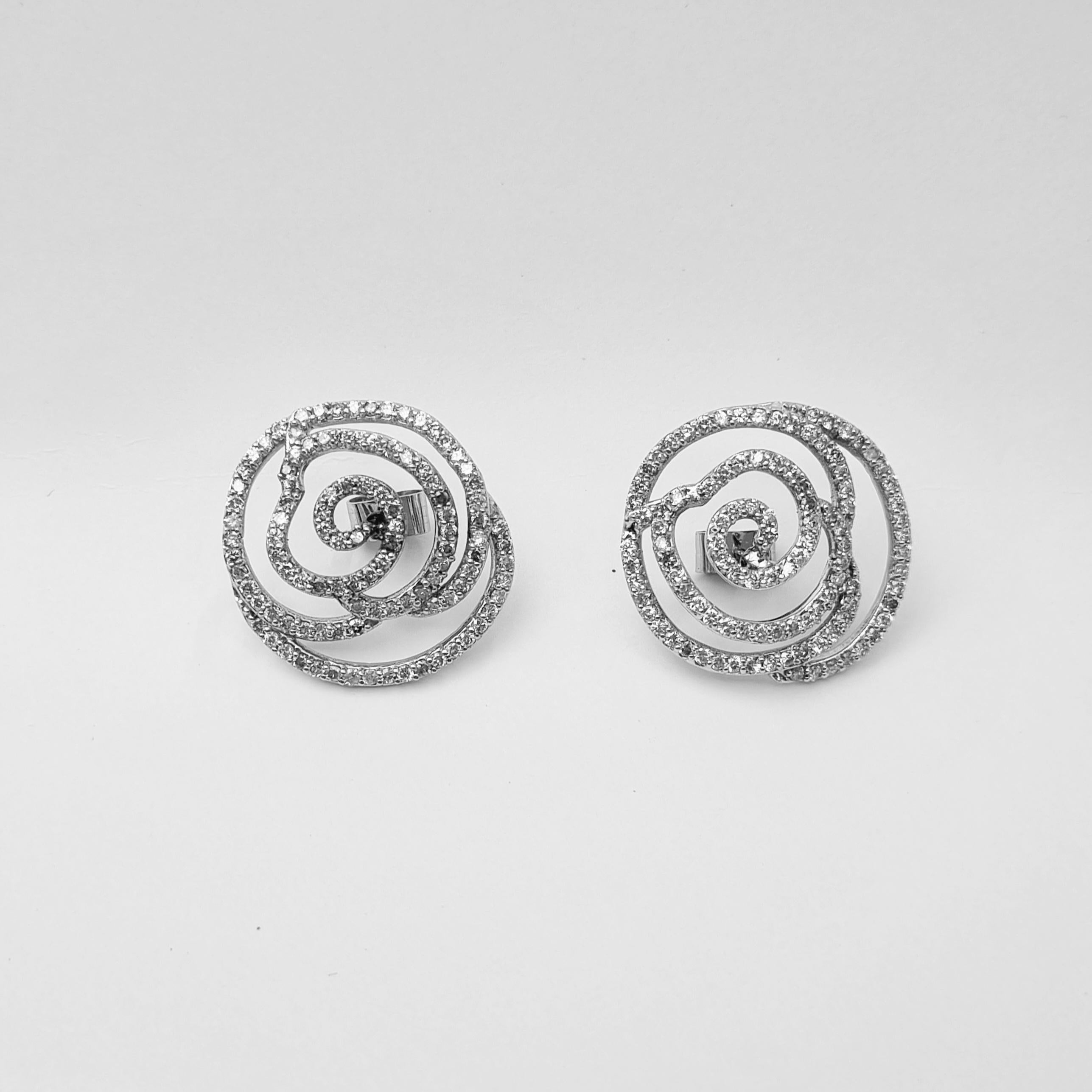 Brilliant Cut 2, 63 Ct Diamonds Pave Earrings, Floral Stud Earrings, 18k Solid White Gold For Sale