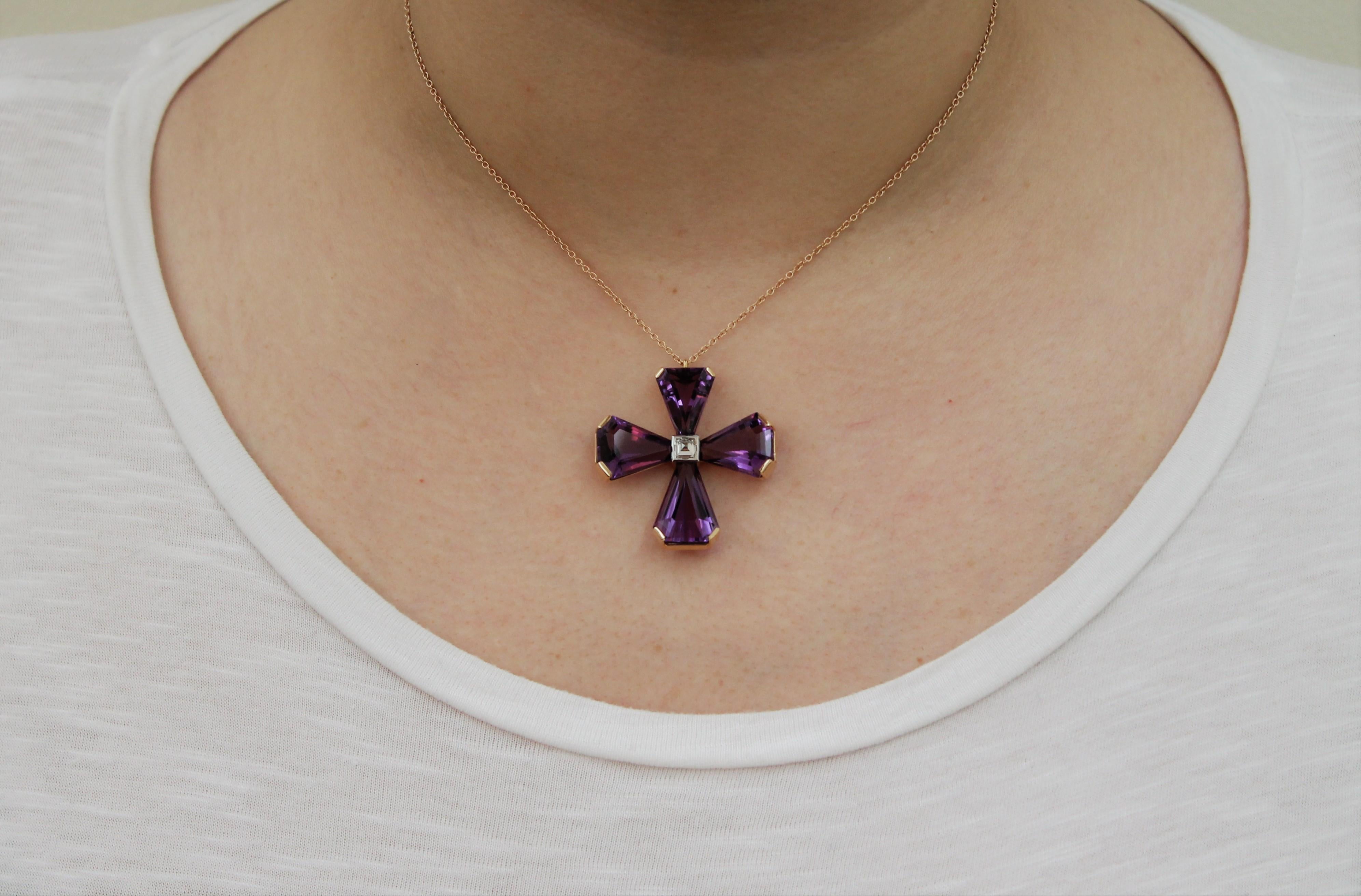 Contemporary 26.30 Carat Amethyst Cross and Diamond Cross Handmade Pendant Necklace For Sale