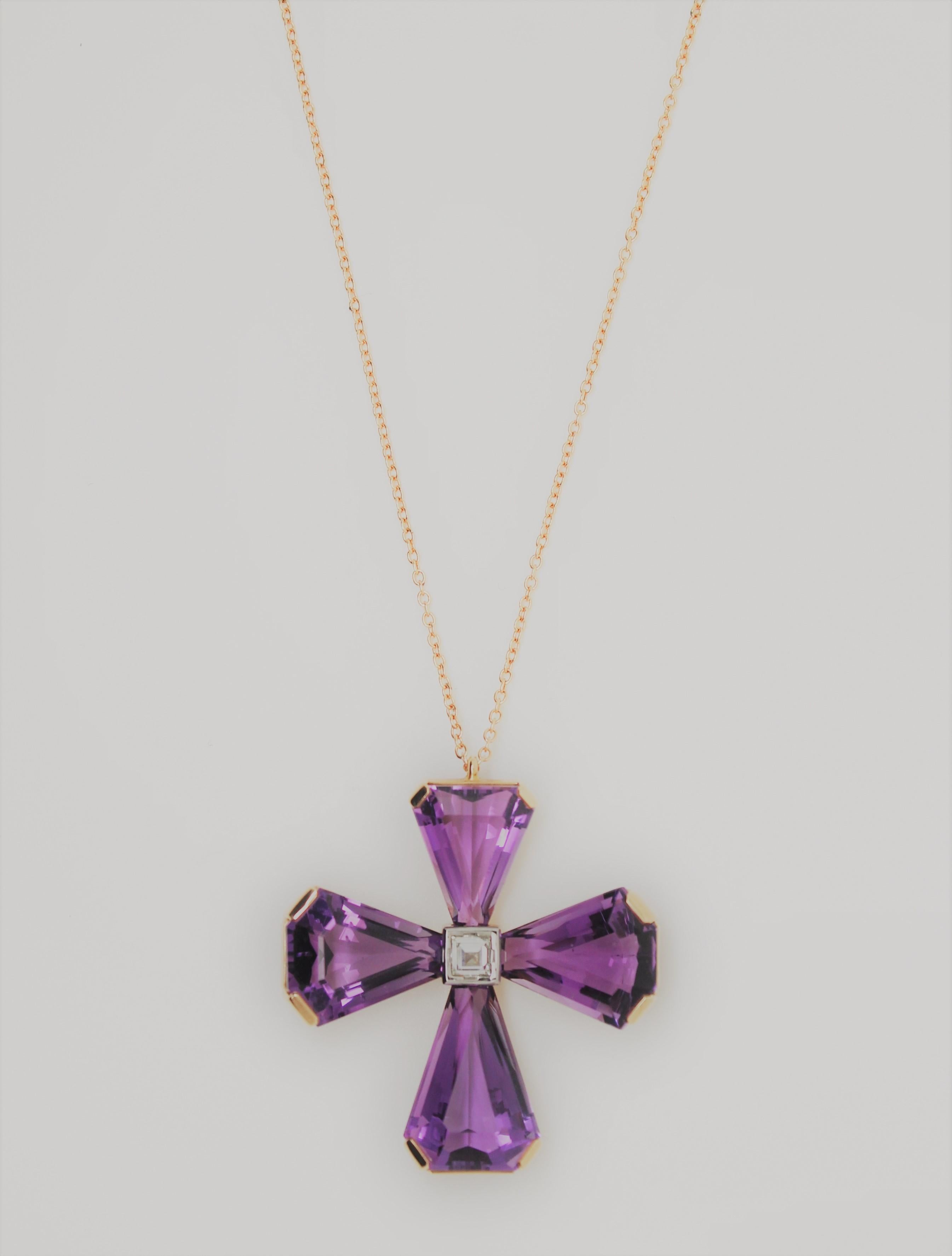 Women's or Men's 26.30 Carat Amethyst Cross and Diamond Cross Handmade Pendant Necklace For Sale