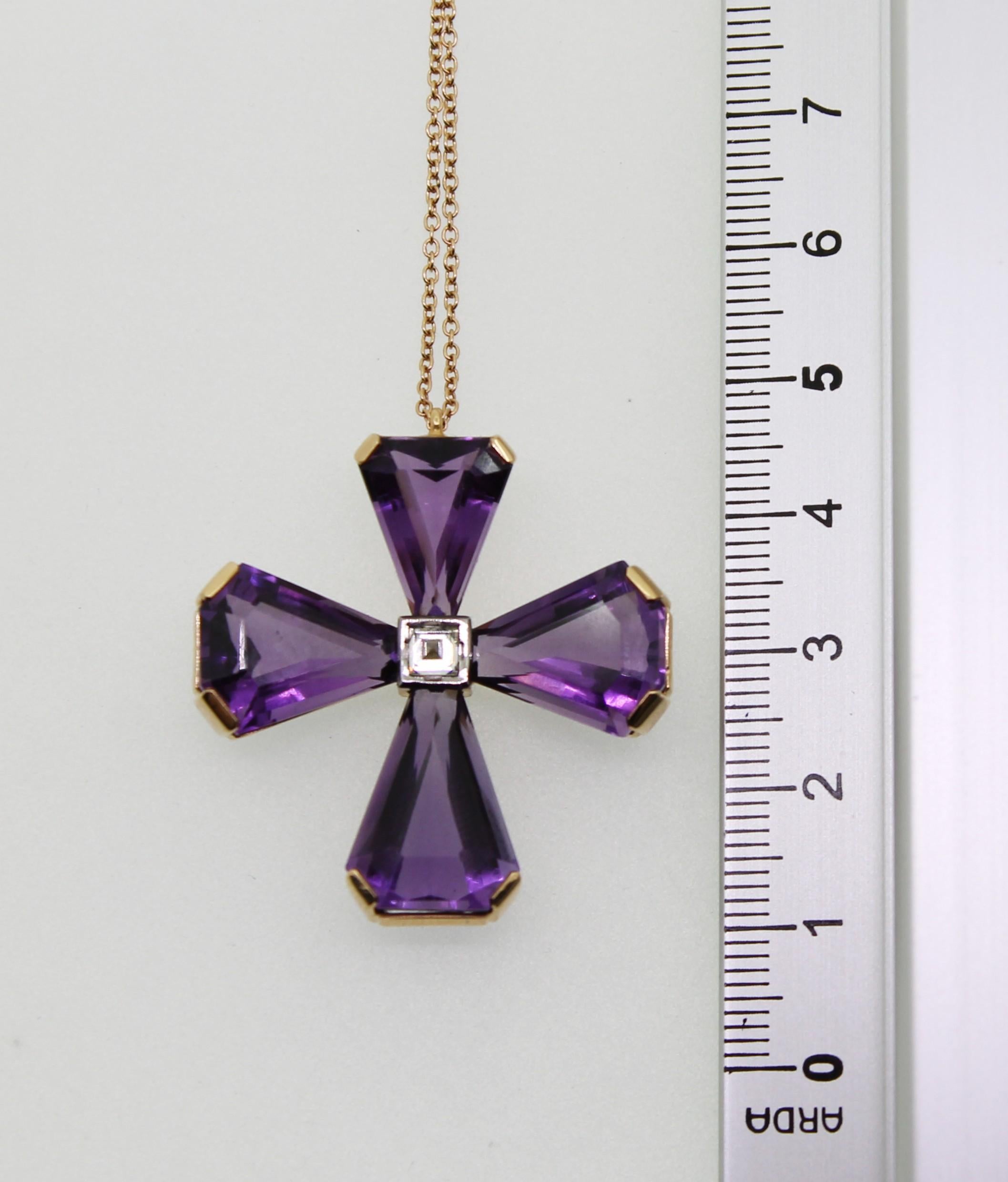 26.30 Carat Amethyst Cross and Diamond Cross Handmade Pendant Necklace For Sale 4