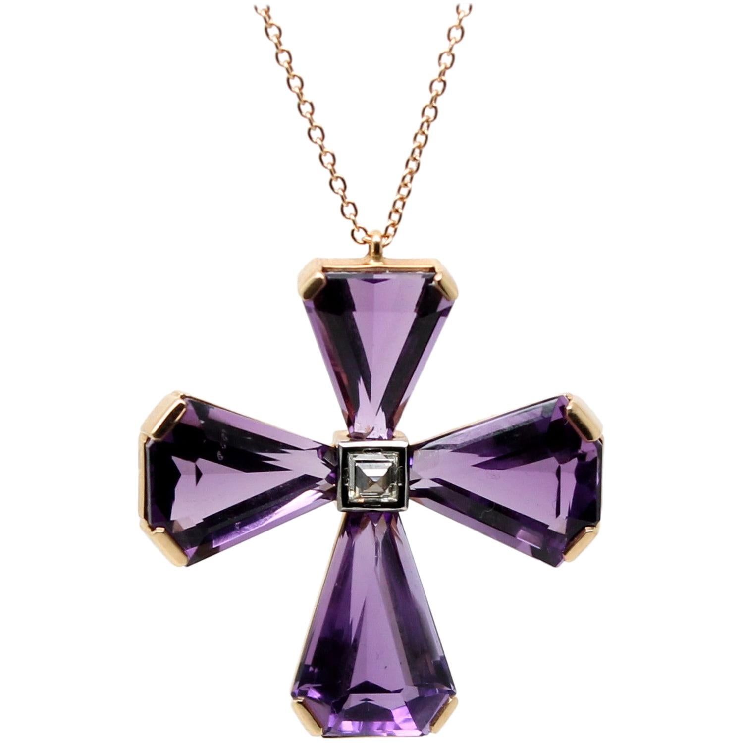 26.30 Carat Amethyst Cross and Diamond Cross Handmade Pendant Necklace For Sale