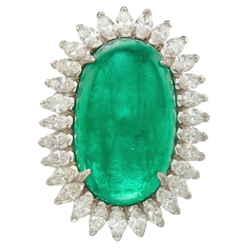 26.30 Carat Cabochon Emerald and Marquise Diamond Platinum Statement Ring