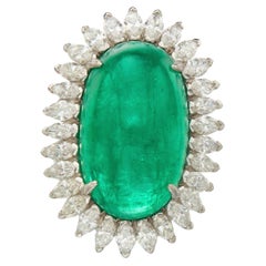 Vintage 26.30 Carat Cabochon Emerald and Marquise Diamond Platinum Statement Ring