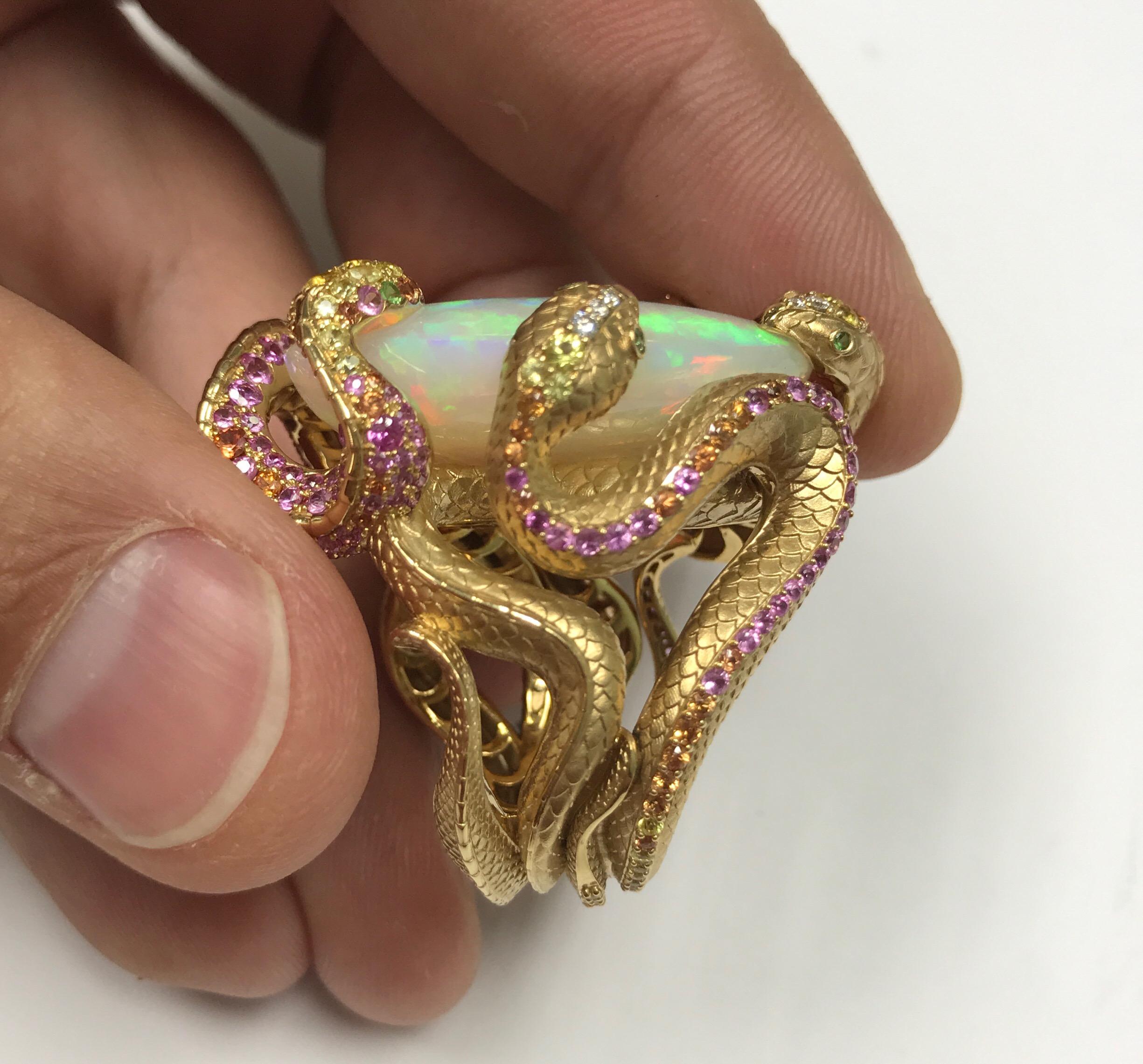 26.33 Carat Opal, 18 Karat Yellow Gold Snake Ring In New Condition In Bangkok, TH