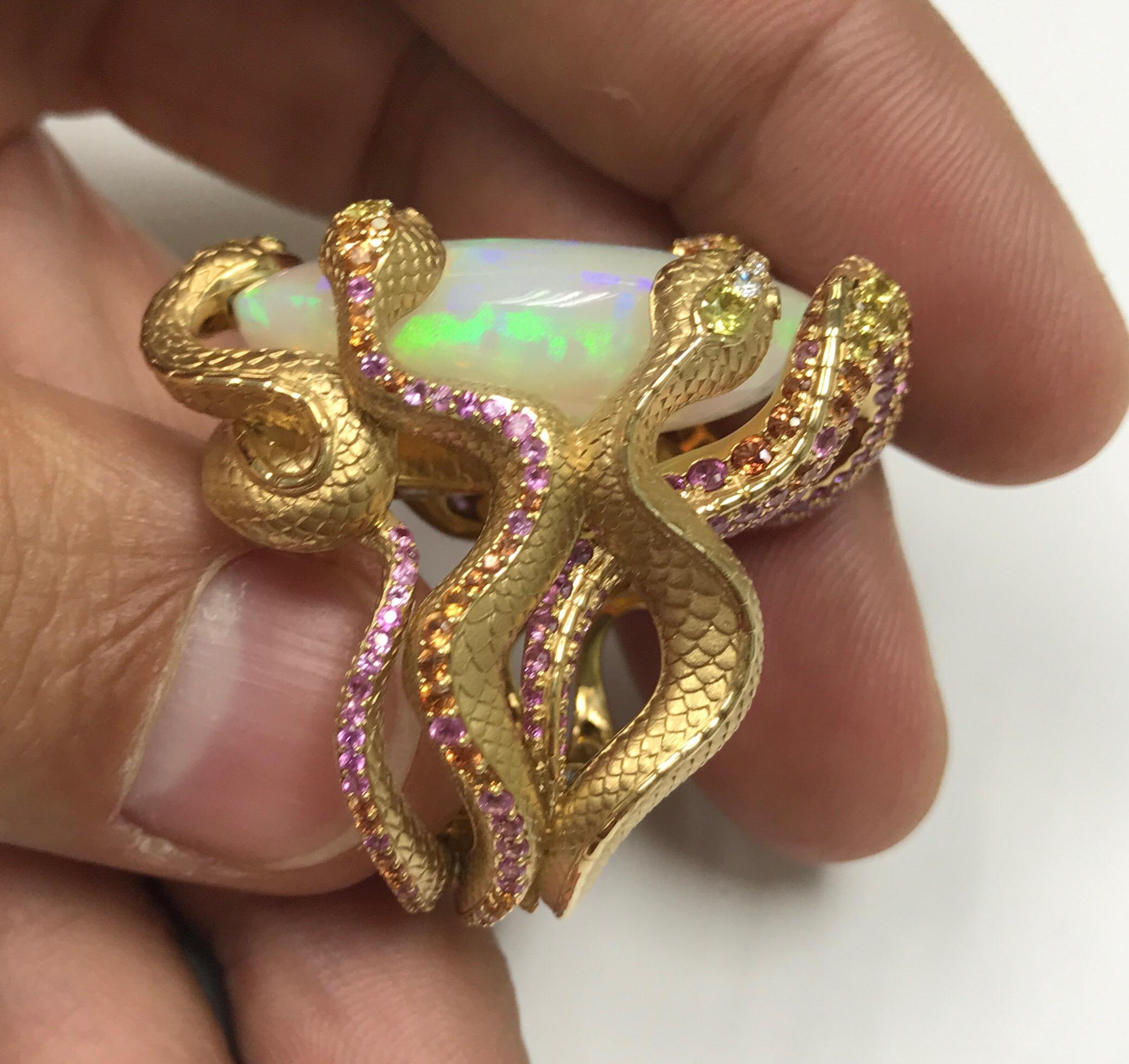 Women's 26.33 Carat Opal, 18 Karat Yellow Gold Snake Ring
