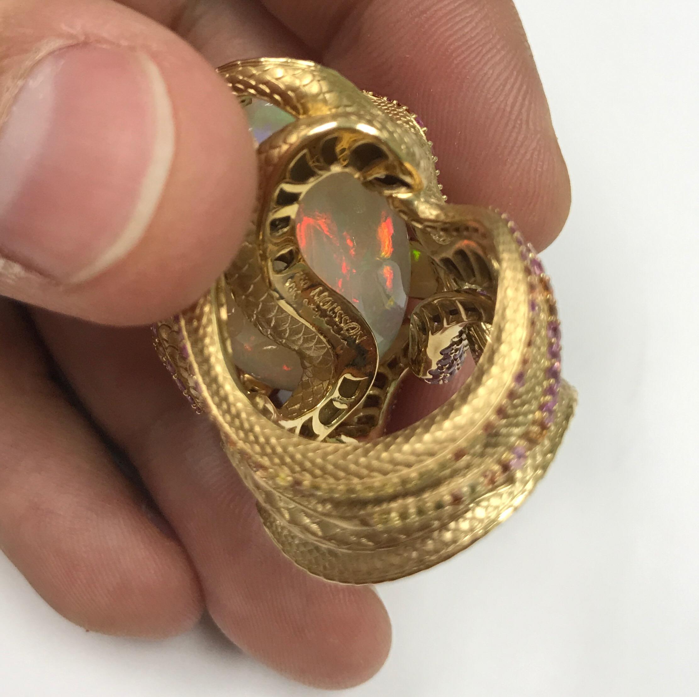 26.33 Carat Opal, 18 Karat Yellow Gold Snake Ring 1