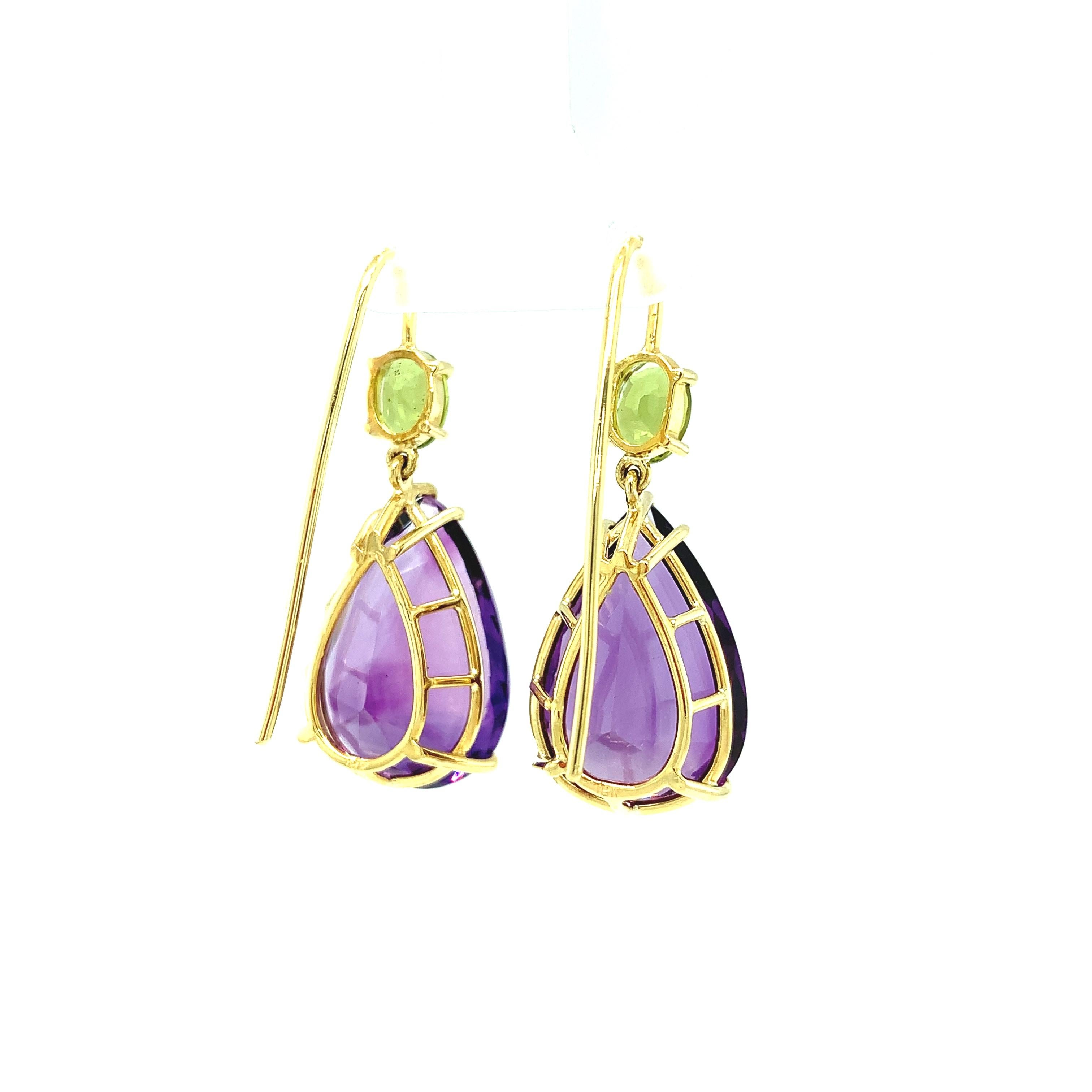 26.33 ct. t.w. Amethyst Pear, Peridot , Yellow Gold Lever Back Dangle Earrings In New Condition In Los Angeles, CA