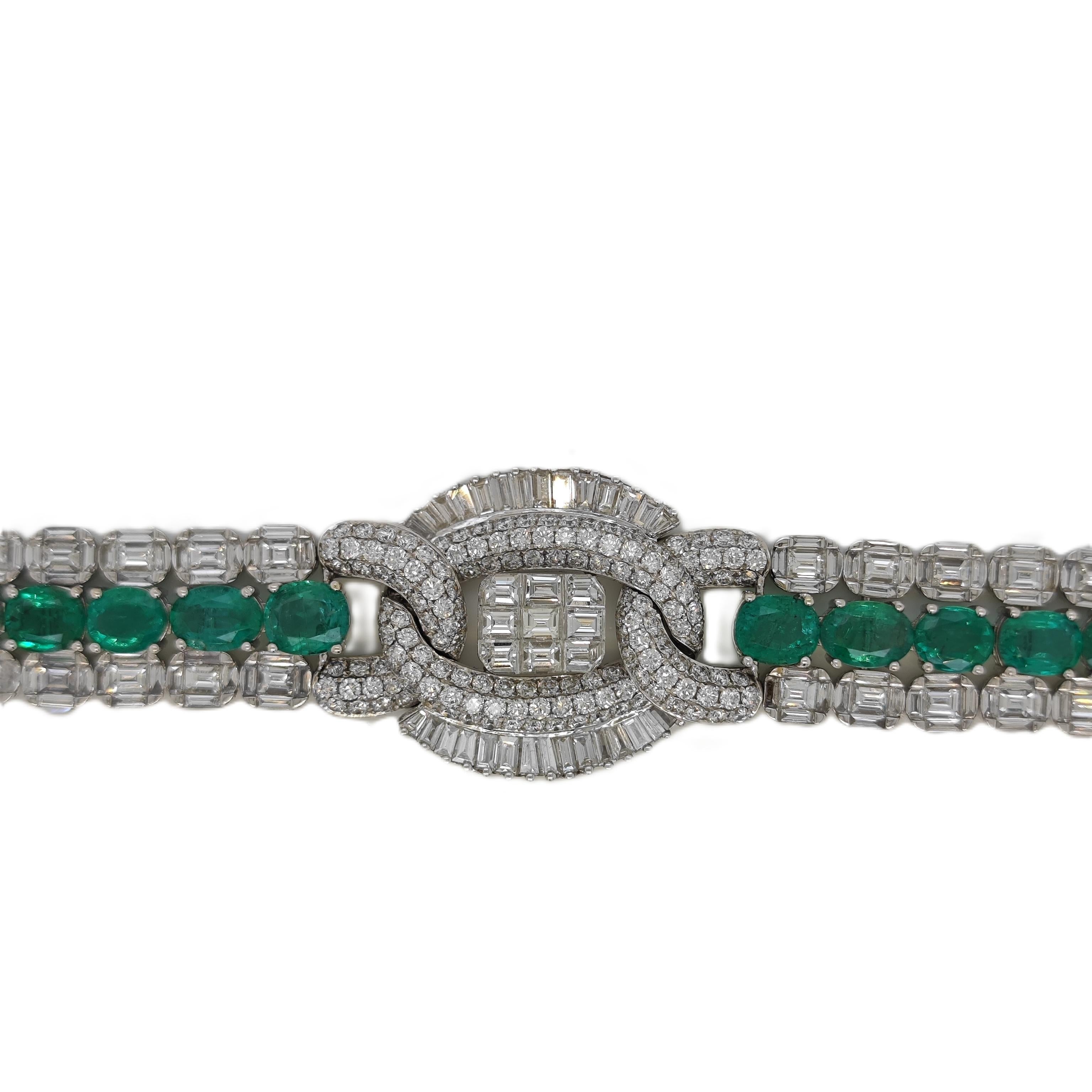 Mixed Cut 26.34 Carats Emerald and White Diamond White Gold Bracelet For Sale