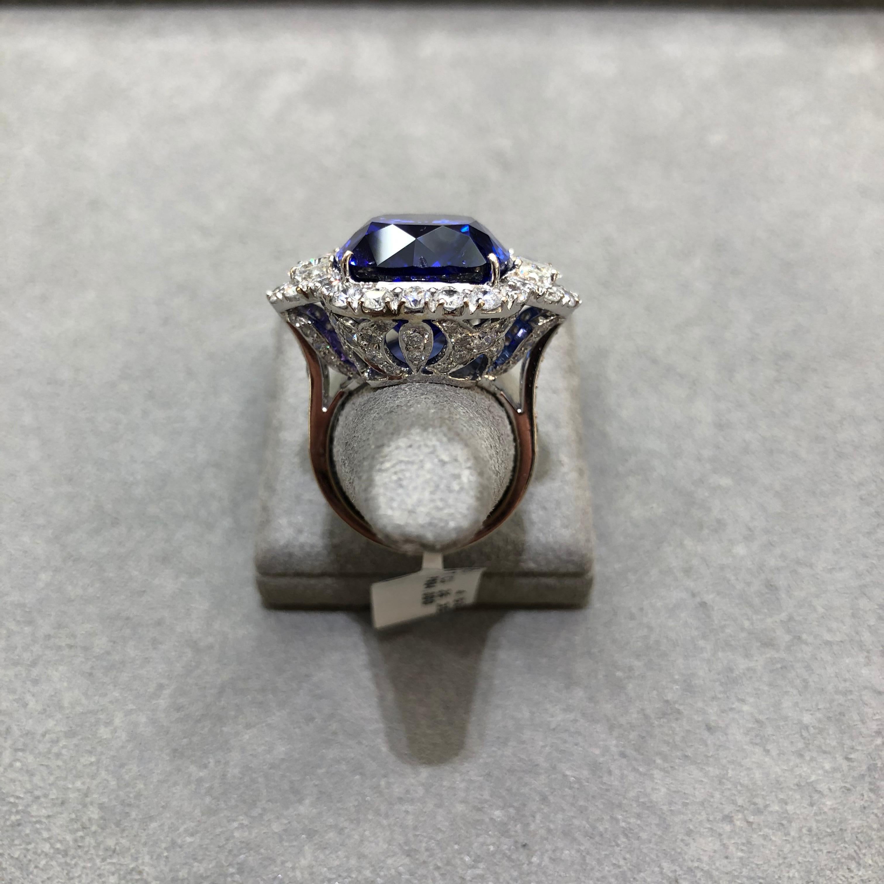 Cushion Cut Roman Malakov 26.35 Carat Tanzanite and Diamond Three-Stone Halo Cocktail Ring For Sale