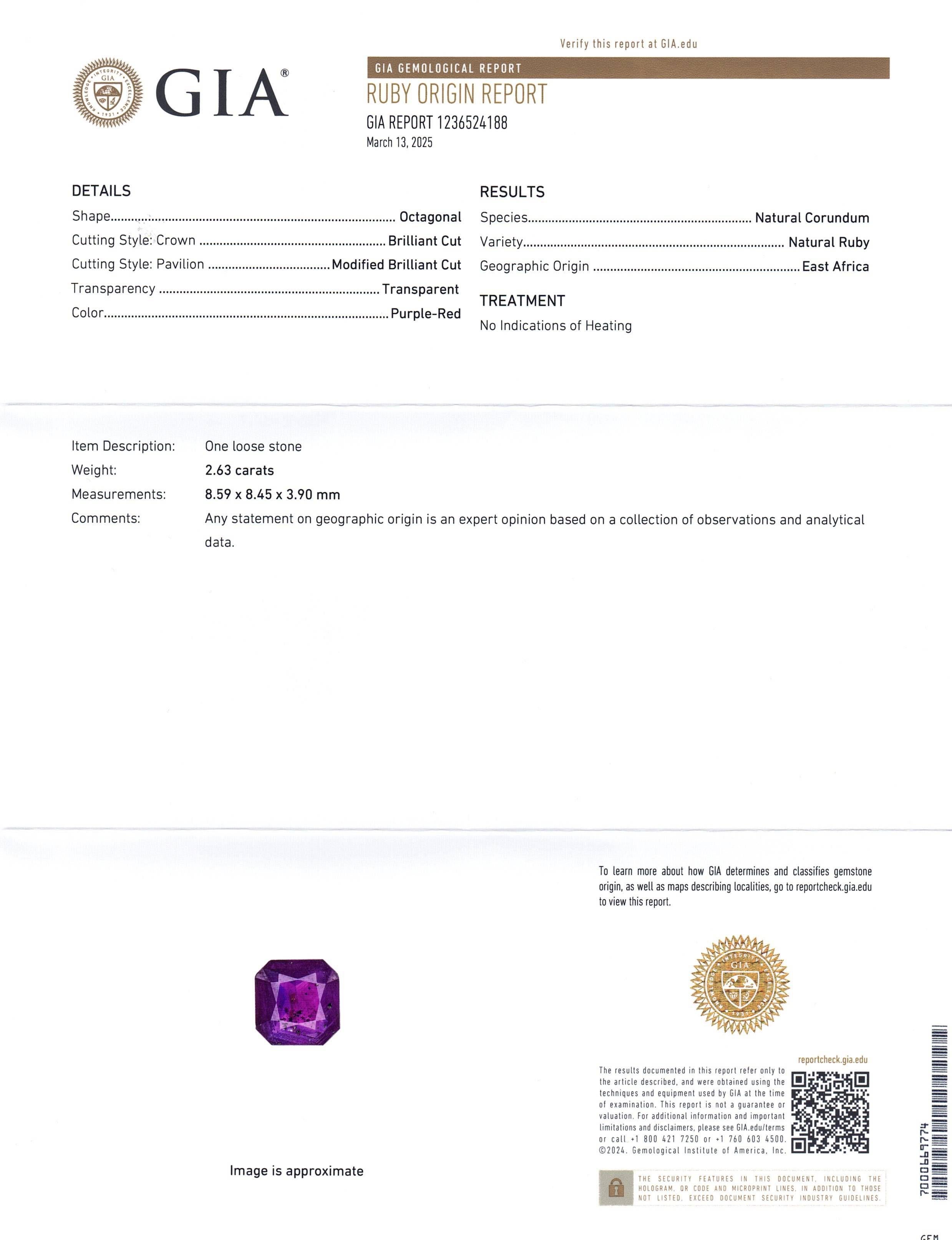 Se trata de un impresionante Rubí Natural Certificado por el GIA 


El informe de la GIA dice lo siguiente:

Número de informe GIA: 1236524188
Forma: Octogonal
Estilo de corte: 
Estilo de corte: Corona: talla brillante
Estilo de corte: Pabellón: