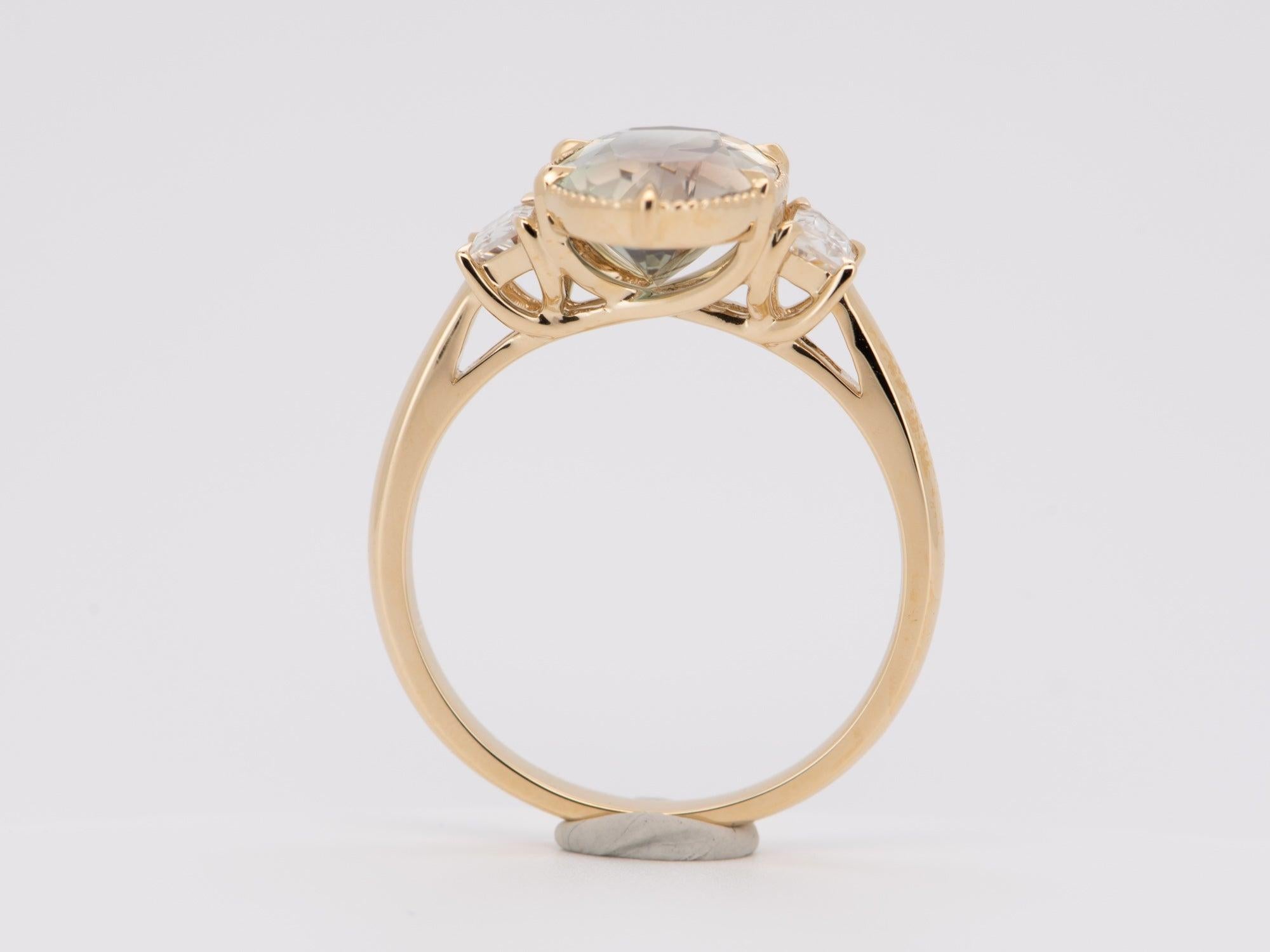 2.63ct Oregon Sunstone with Milgrain Halo & Trapezoid Sides Engagement Ring 14K In New Condition For Sale In Osprey, FL