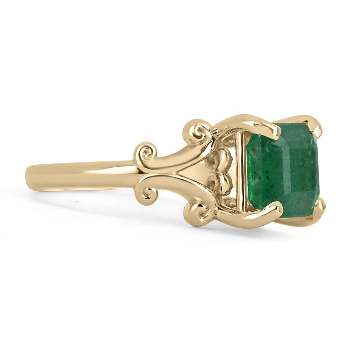 Featured is a remarkable, emerald solitaire ring. The featured gem carries an impressive 2.63-carat, Asscher-cut Zambian emerald with stunning characteristics. Set in a unique four-prong, solitaire 14K yellow gold setting.

Setting Style: