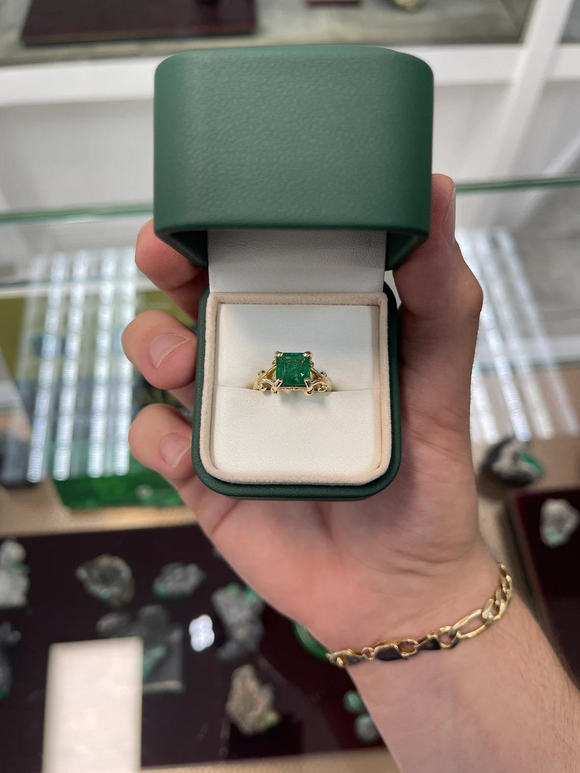 2.63cts 14K Natural Emerald-Asscher Cut Solitaire Yellow Gold Unique Ring For Sale 3