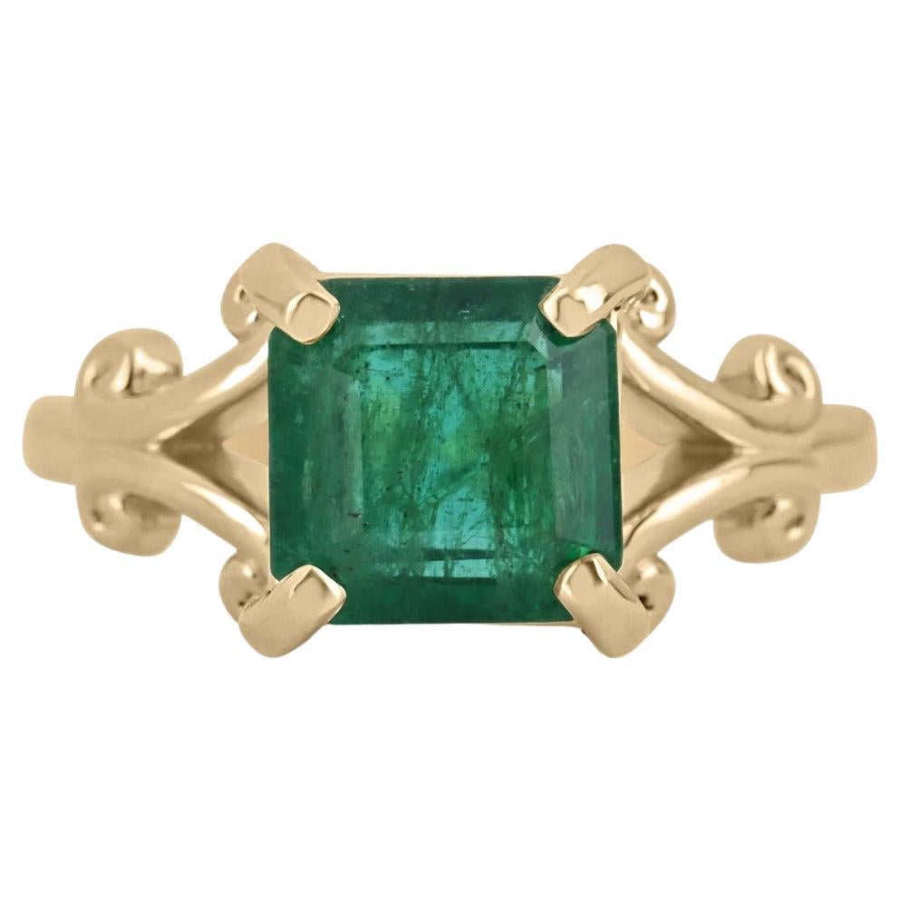 2.63cts 14K Natural Emerald-Asscher Cut Solitaire Yellow Gold Unique Ring For Sale