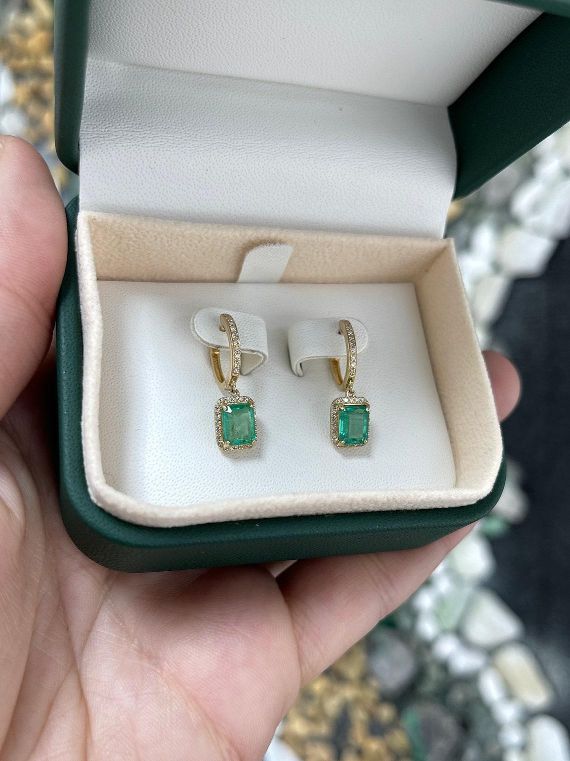 Modern 2.63tcw 14K Emerald & Diamond Halo Dangle Earrings Prong Set North-South Emerald For Sale
