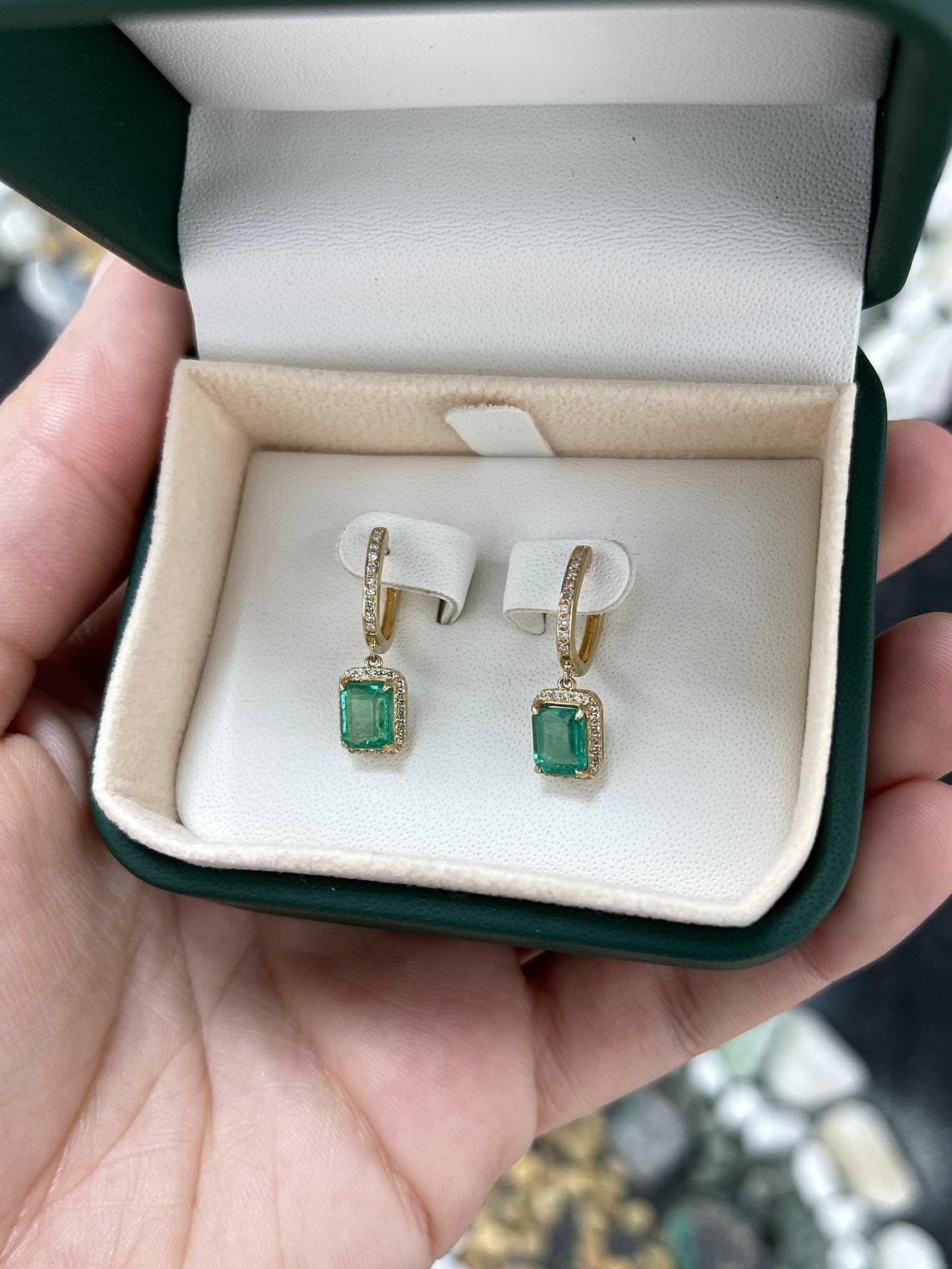 Emerald Cut 2.63tcw 14K Emerald & Diamond Halo Dangle Earrings Prong Set North-South Emerald For Sale