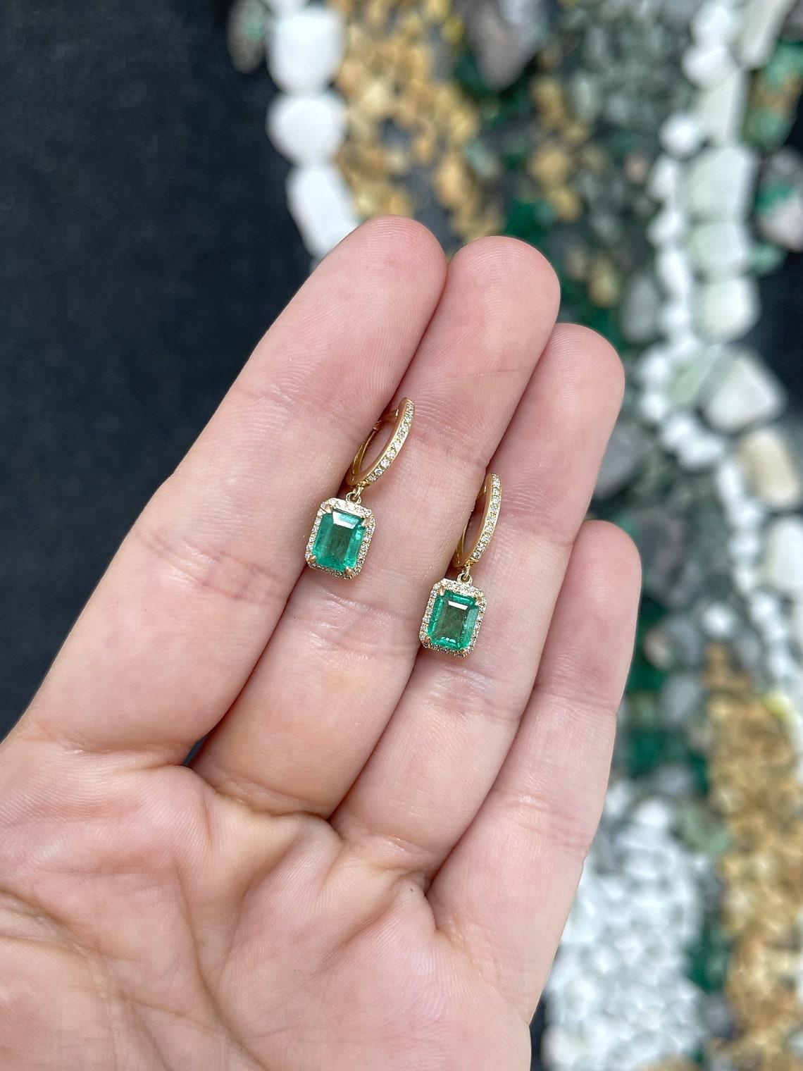 Women's 2.63tcw 14K Emerald & Diamond Halo Dangle Earrings Prong Set North-South Emerald For Sale