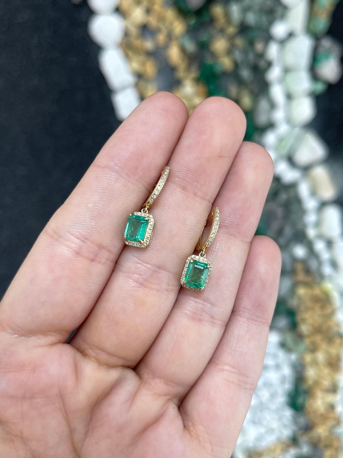 2.63tcw 14K Emerald & Diamond Halo Dangle Earrings Prong Set North-South Emerald For Sale 1