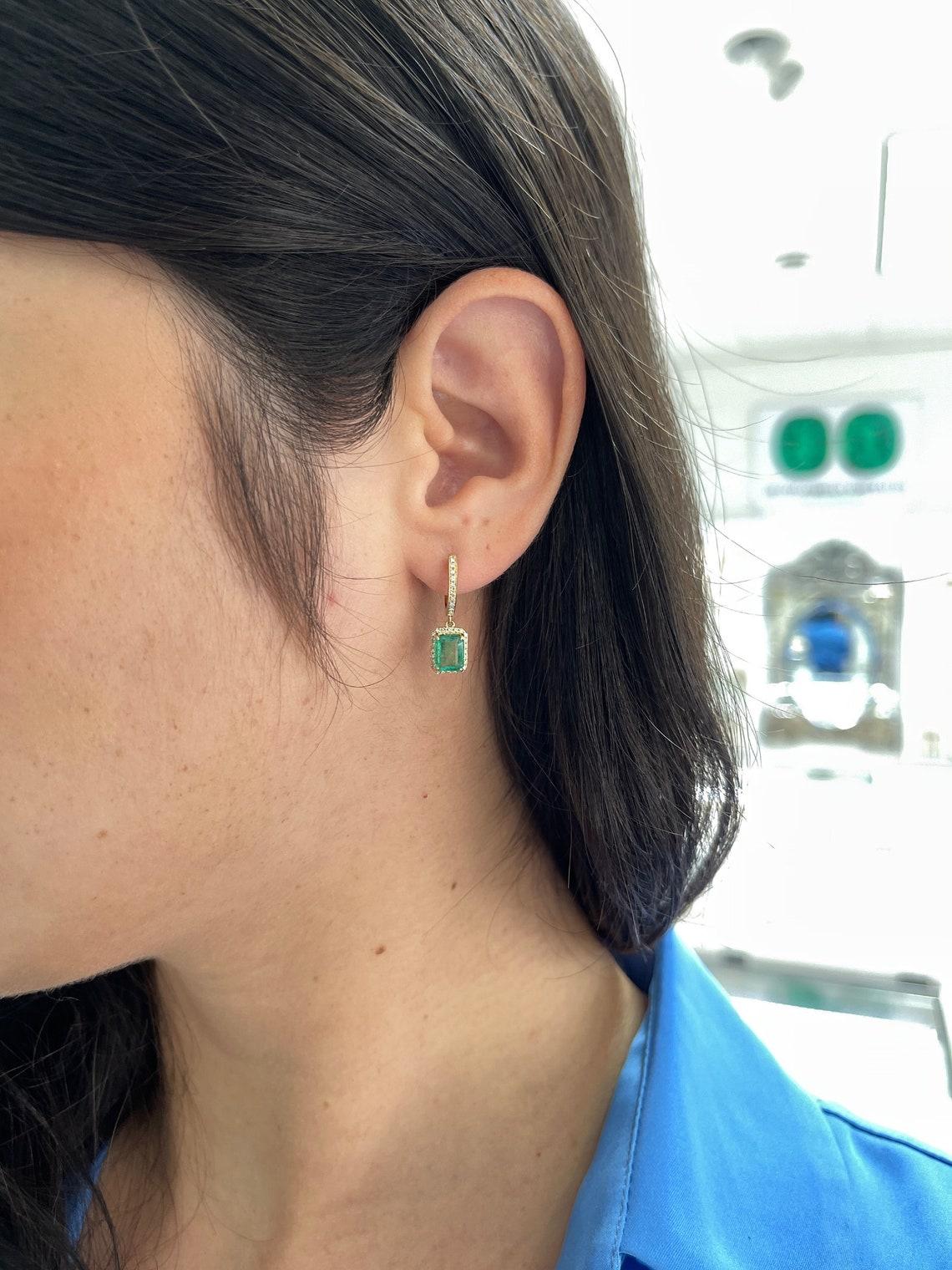 2.63tcw 14K Emerald & Diamond Halo Dangle Earrings Prong Set North-South Emerald For Sale 3