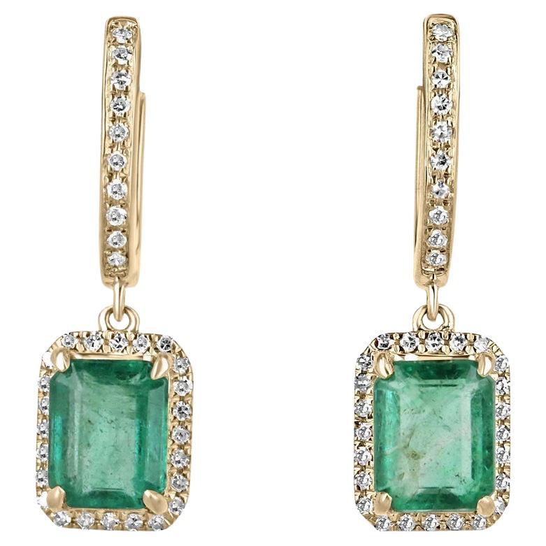 2.63tcw 14K Emerald & Diamond Halo Dangle Earrings Prong Set North-South Emerald