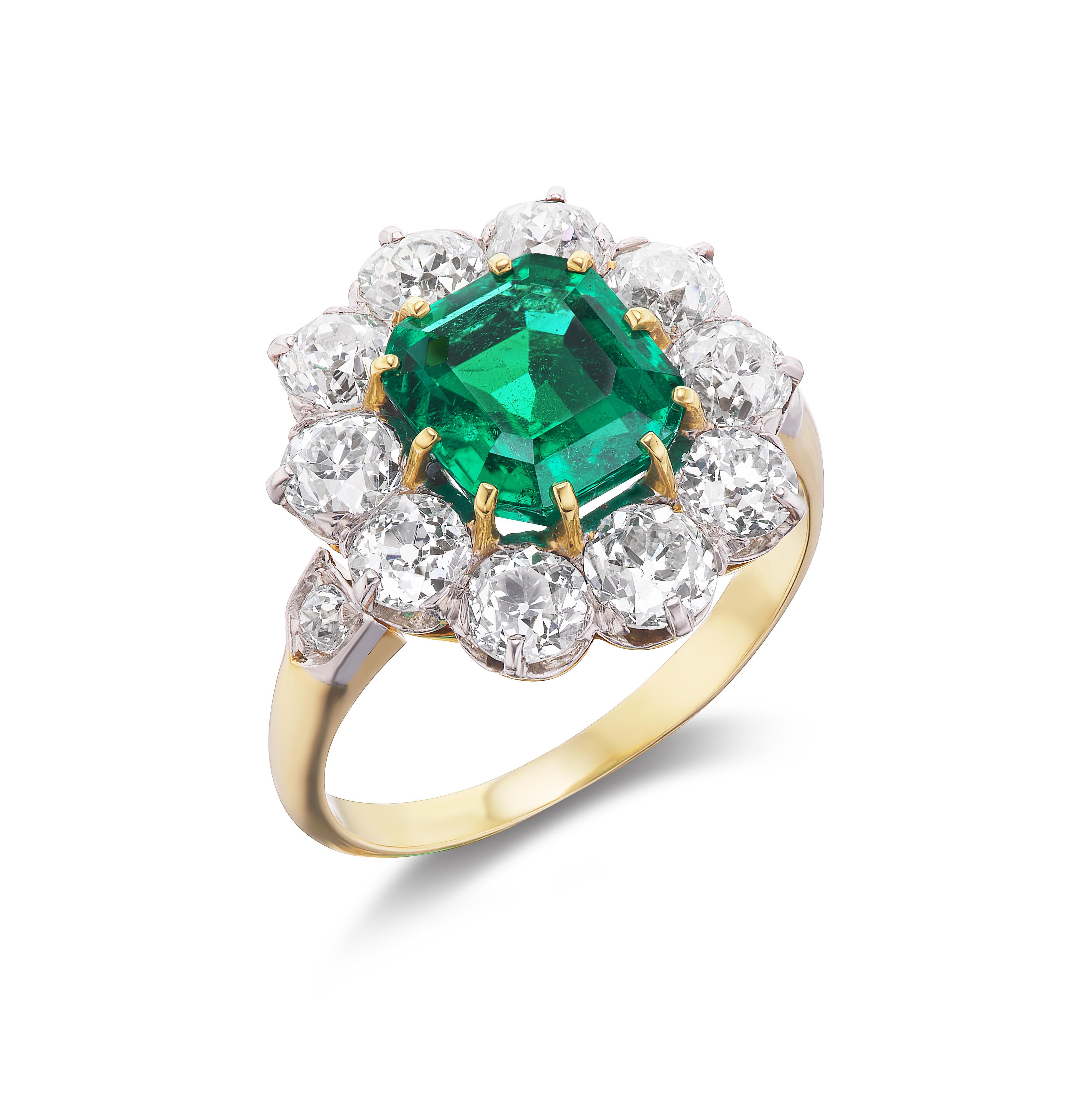 Asscher Cut 2.64 Carat Antique Colombian Emerald and Diamond Ring For Sale