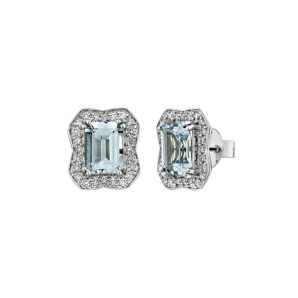 Octagon Cut 2.64 Carat Aquamarine Stud Earring in 18Karat White Gold with White Diamond. For Sale