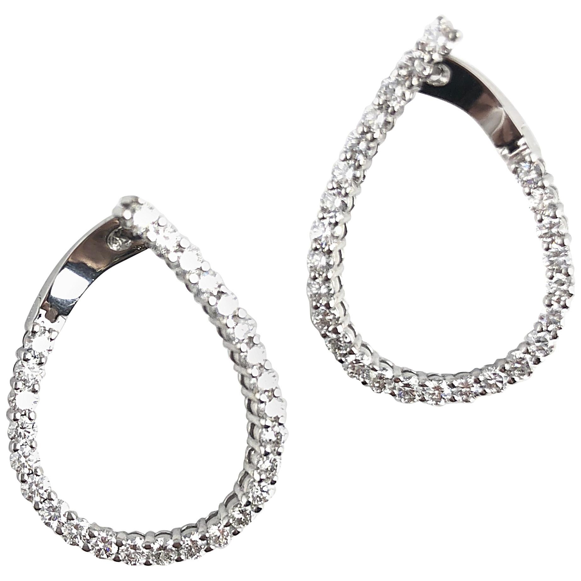 2.64 Carat Diamond Hoop Swirl Earrings in 14 Karat White Gold