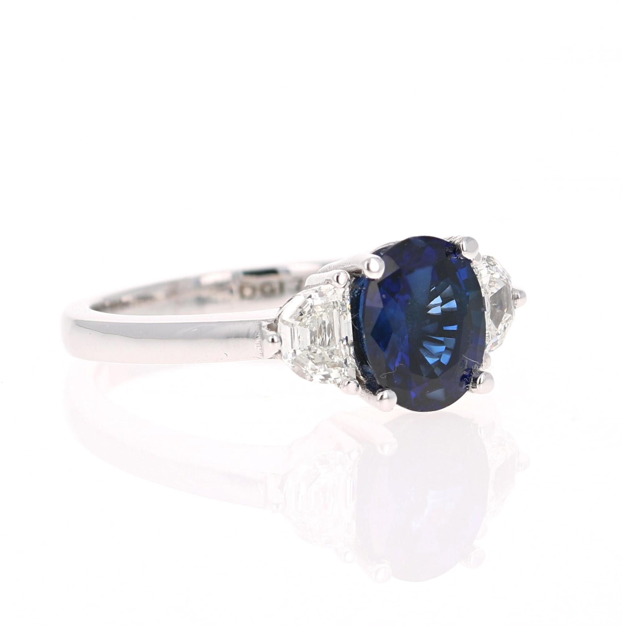 Beautiful Sapphire Diamond Three-Stone Ring - representing Past, Present and Future

This ring has a Blue Sapphire that weighs 2.00 Carats and is GIA Certified. The Sapphire is a natural Blue Oval Cut with Heat. The GIA Certificate Number is: