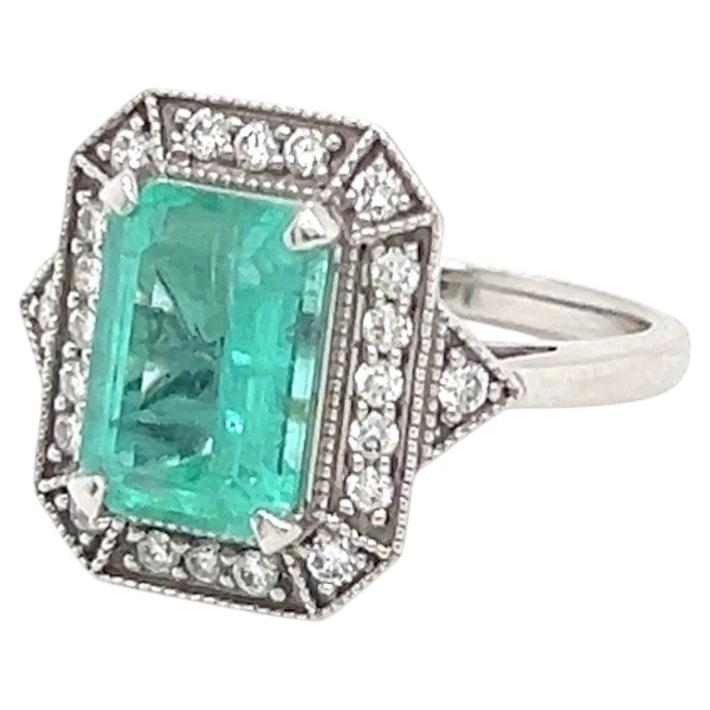 2.64 Carat Natural Emerald 0.35ct Diamond Platinum Art Deco Style Cocktail Ring For Sale