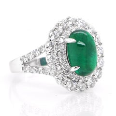 2.64 Carat Natural Emerald Cabochon and Diamond Cocktail Ring Set in Platinum