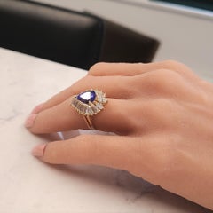 2.64 Carat Pear Shaped Tanzanite & Diamond Cocktail Ring in 14K Yellow Gold