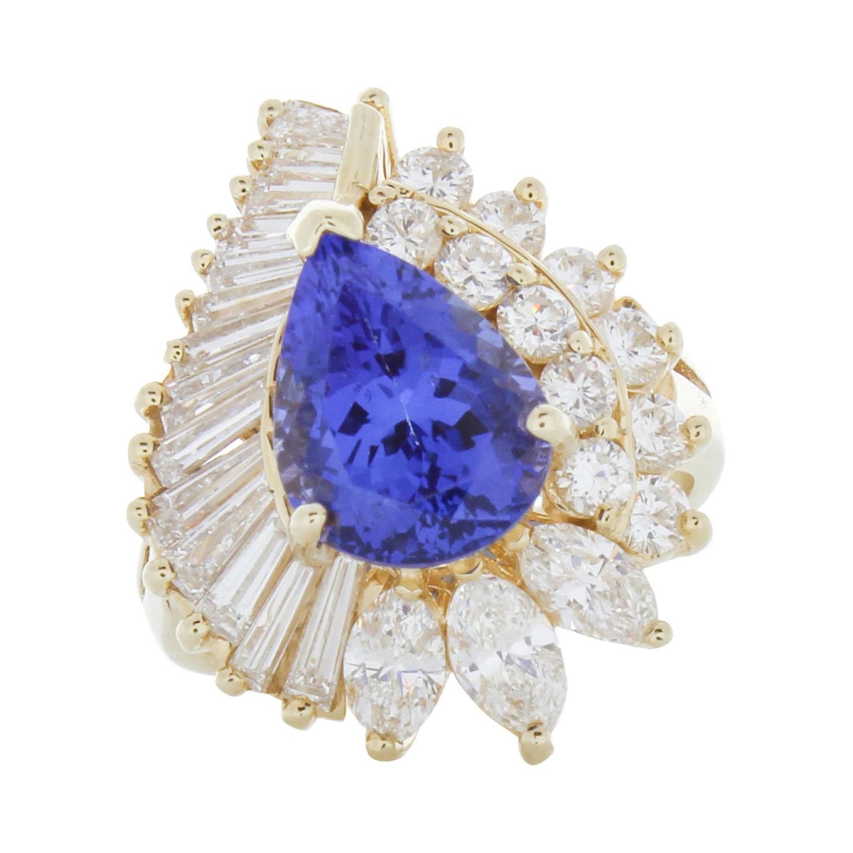 2.64 Carat Pear Shaped Tanzanite & Diamond Cocktail Ring in 14K Yellow Gold For Sale