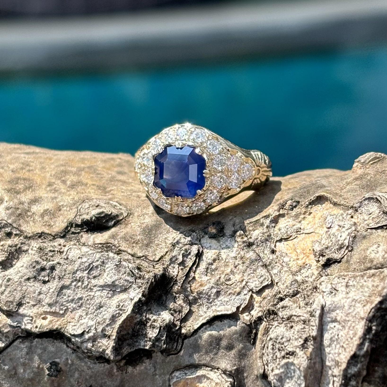Victorian   2.64 Carat Royal Blue Sapphire Ring with Old Mine Cut Diamonds in 18K Gold