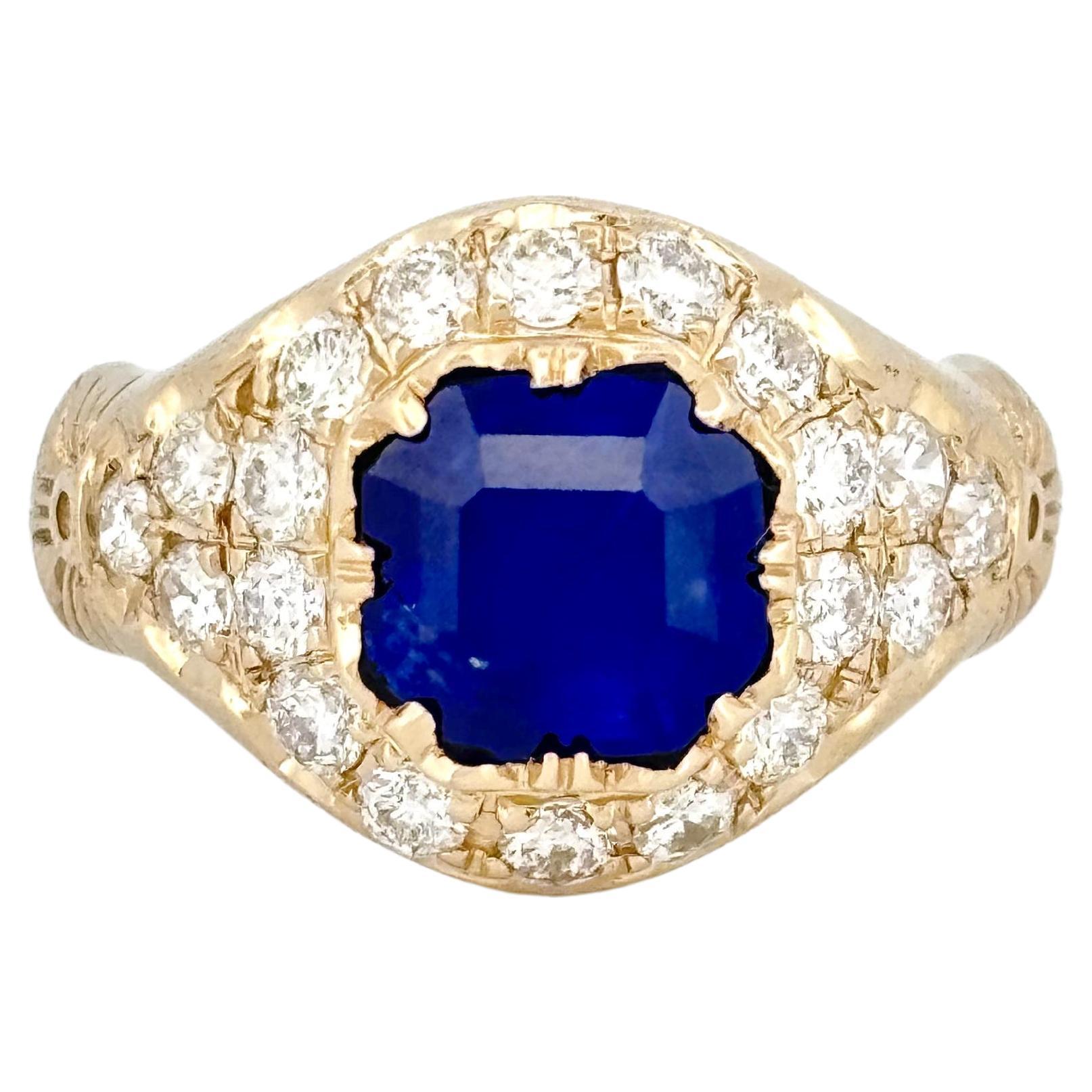   2.64 Carat Royal Blue Sapphire Ring with Old Mine Cut Diamonds in 18K Gold