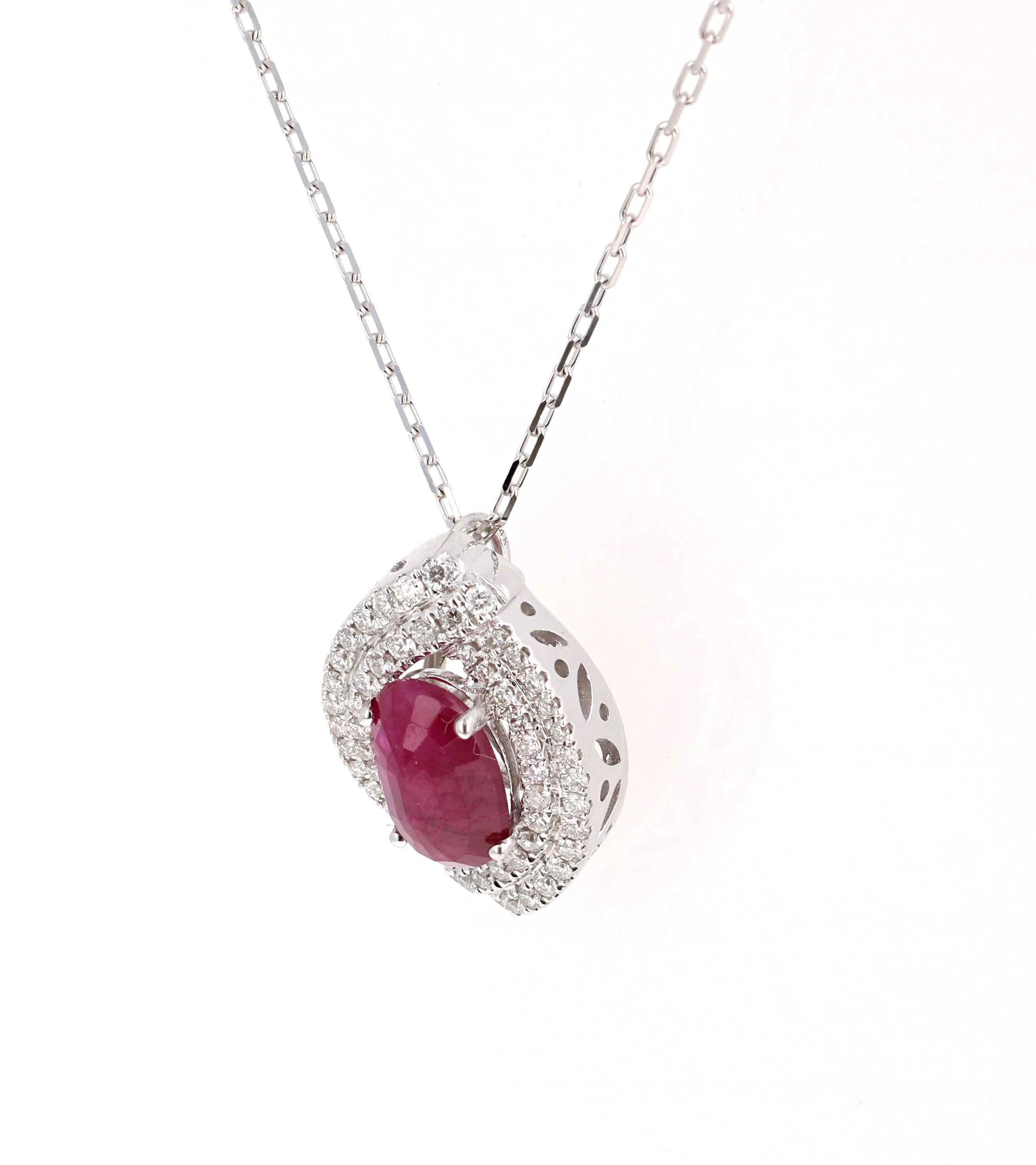 Ruby and Diamond Chain Necklace

This one of a kind beauty has a magnificent 2.04 Carat Marquise Cut Ruby. 
It is surrounded by 60 Round Cut Diamonds that weigh 0.60 Carats.  
The total carat weight of the pendant is 2.64 Carats and measures at 0.75