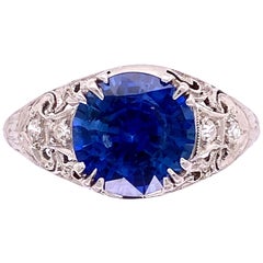 2.64 Carat Sapphire and Diamond Art Deco Style Platinum Ring Fine Estate Jewelry