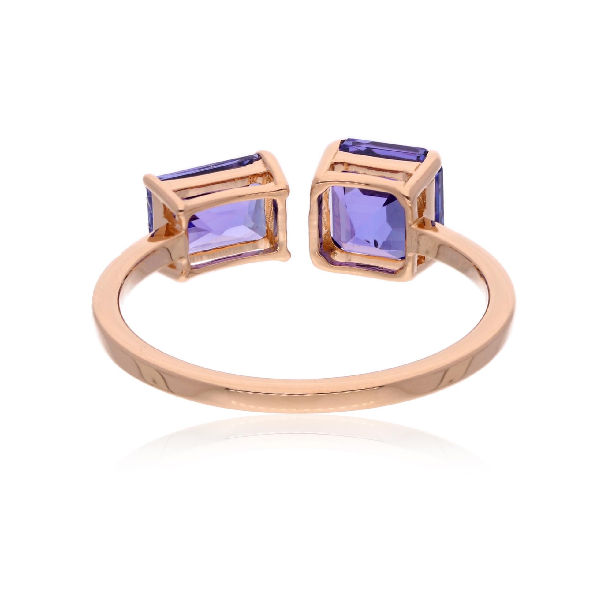Square Cut 2.64 Carat Tanzanite Gemstone Cuff Ring Solid 14 Karat Rose Gold Fine Jewelry For Sale