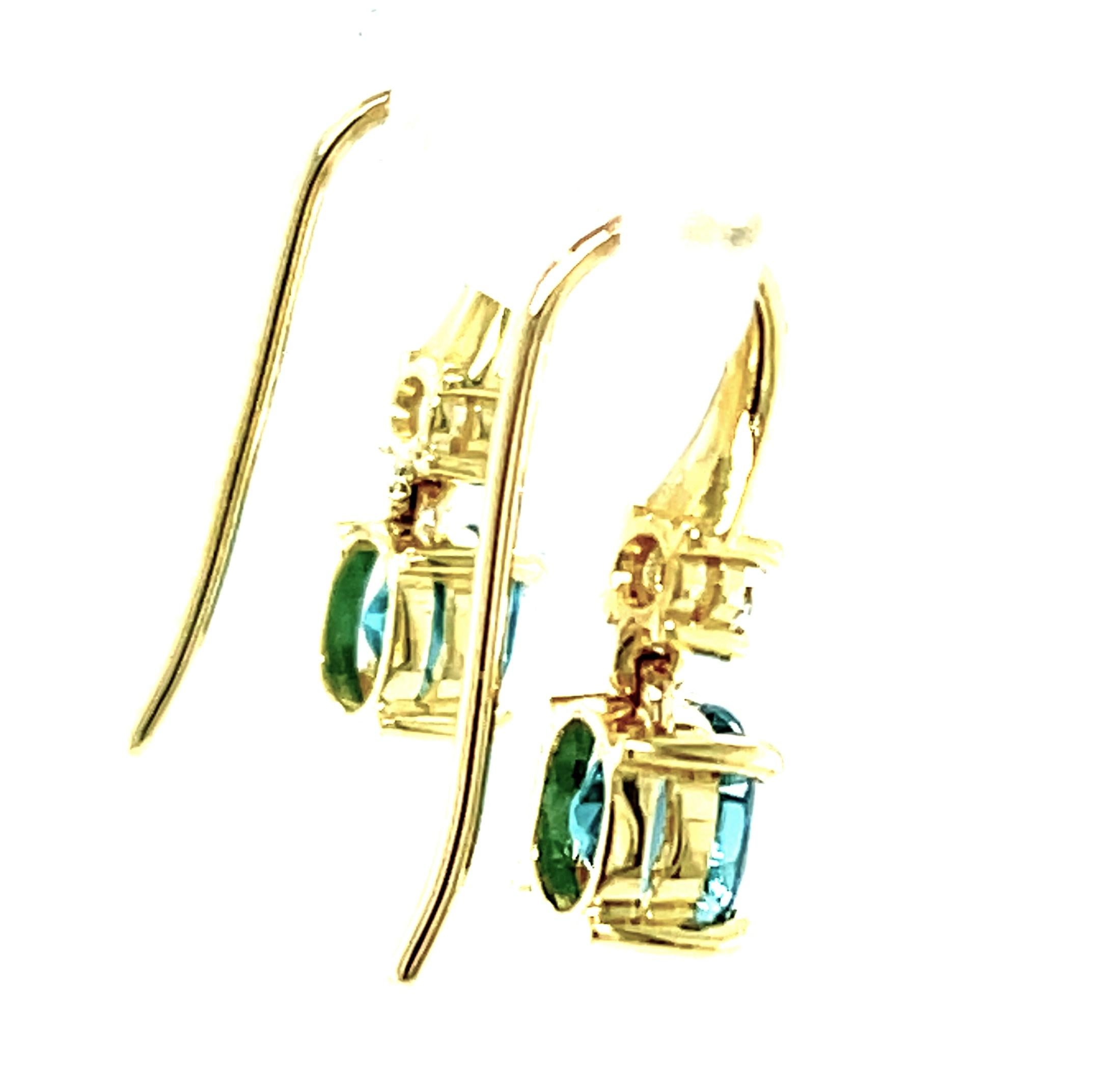 Artisan 2.64 Carat Total Oval Blue Zircon and Diamond Yellow Gold Dangle Drop Earrings  For Sale