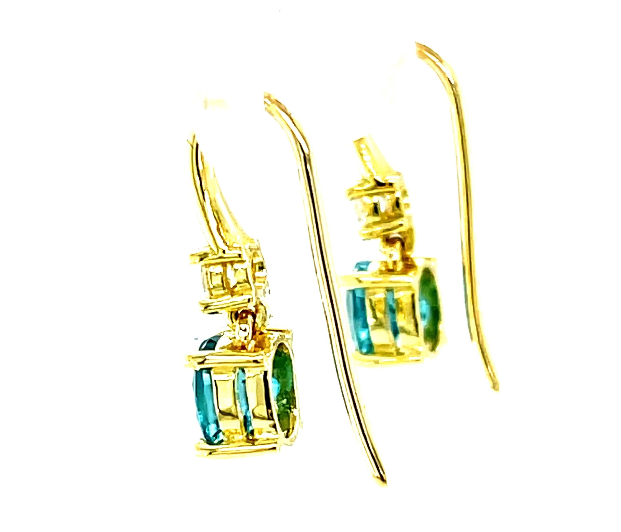 Women's or Men's 2.64 Carat Total Oval Blue Zircon and Diamond Yellow Gold Dangle Drop Earrings  For Sale