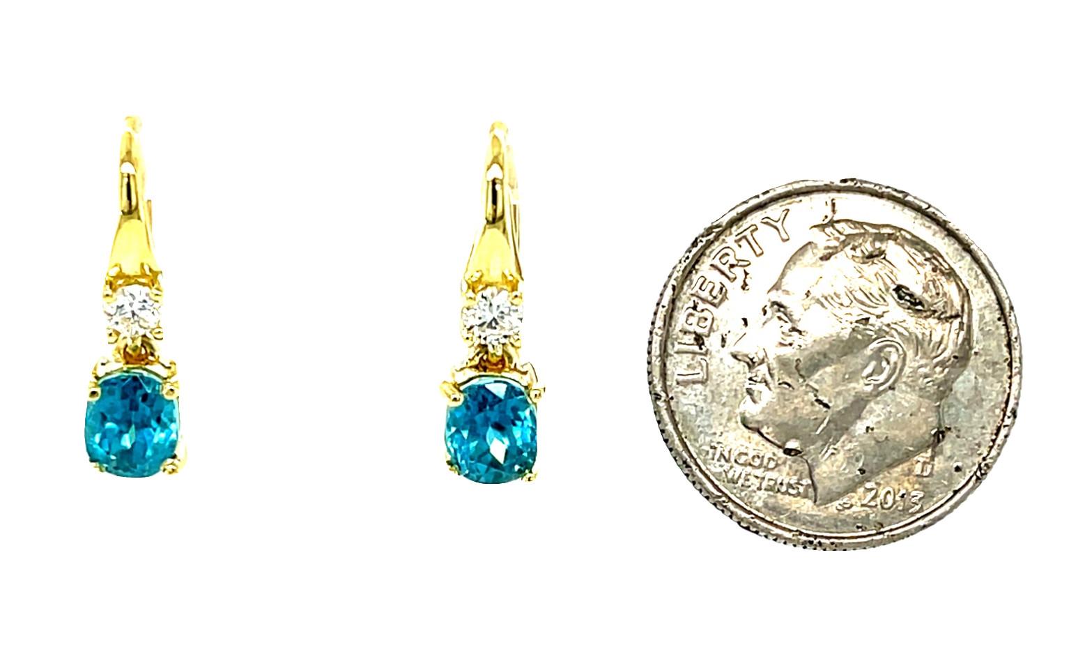 2.64 Carat Total Oval Blue Zircon and Diamond Yellow Gold Dangle Drop Earrings  For Sale 1