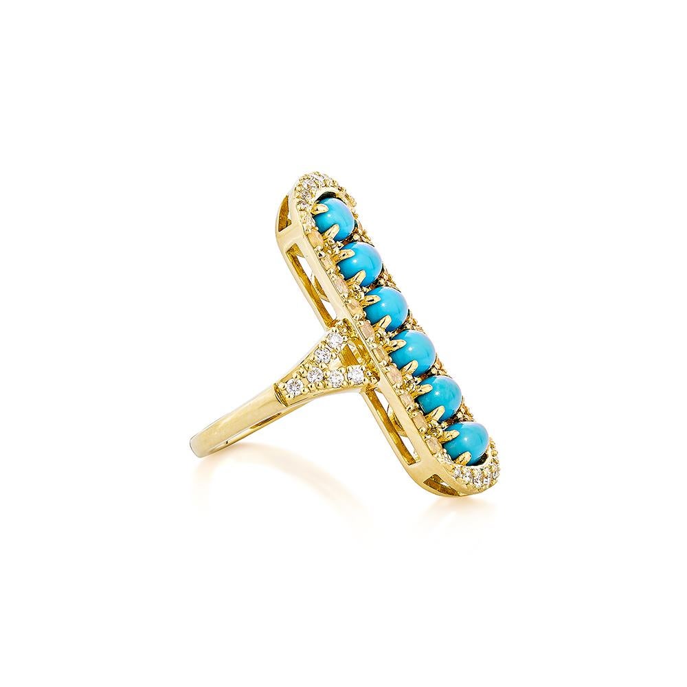Sunita Nahata presents a one-of-a-kind set of turquoise, each stone in a traditional oval cut. This ring exemplifies the style and elegance that modern women wish to display, with the stones set in a single, straight line. Crafted in yellow gold,