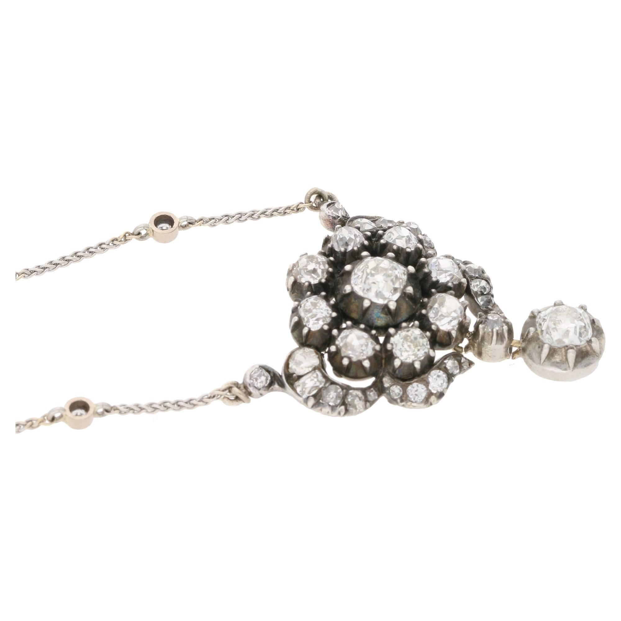 Old Mine Cut Victorian Diamond Floral Necklace in Silver on Gold