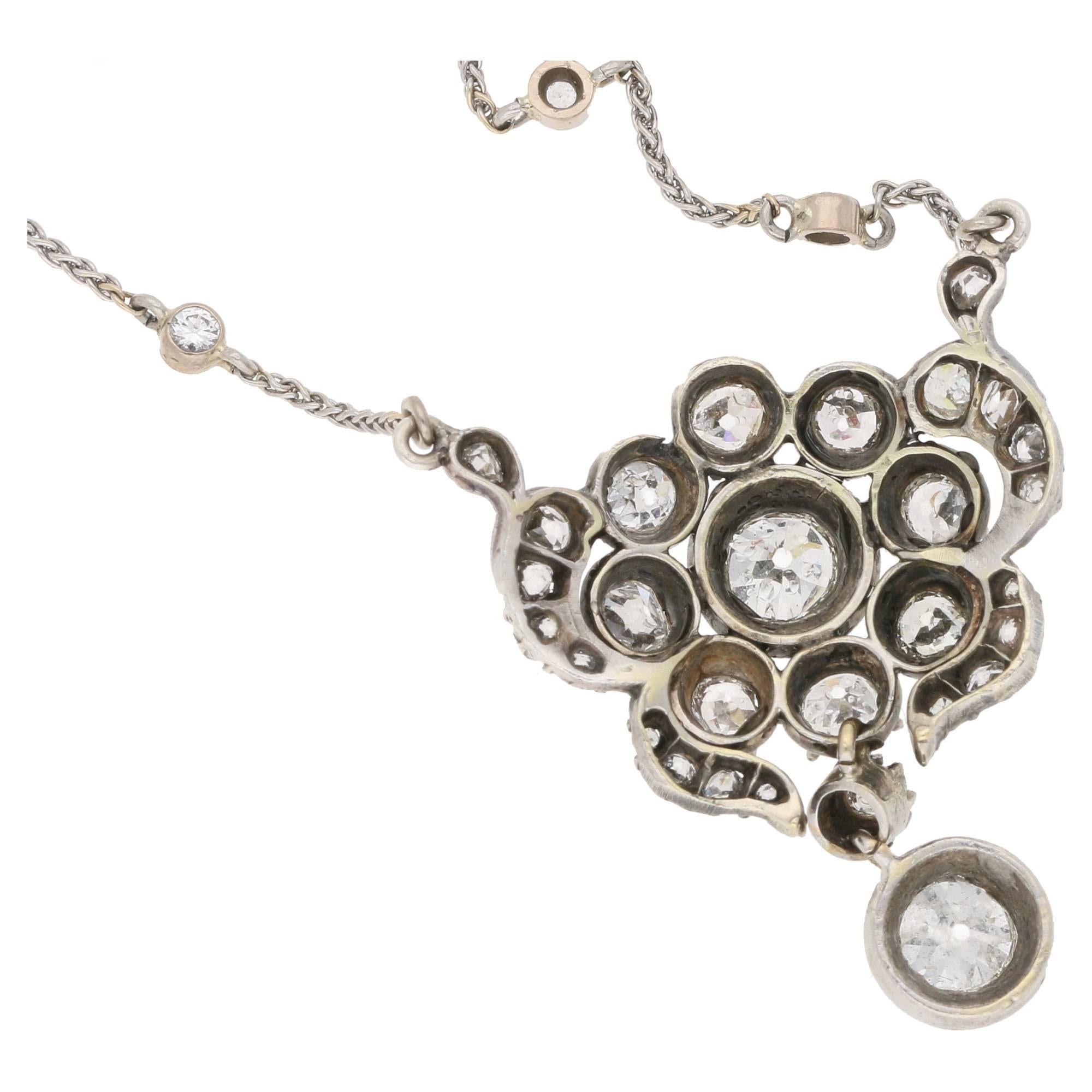 Women's or Men's Victorian Diamond Floral Necklace in Silver on Gold
