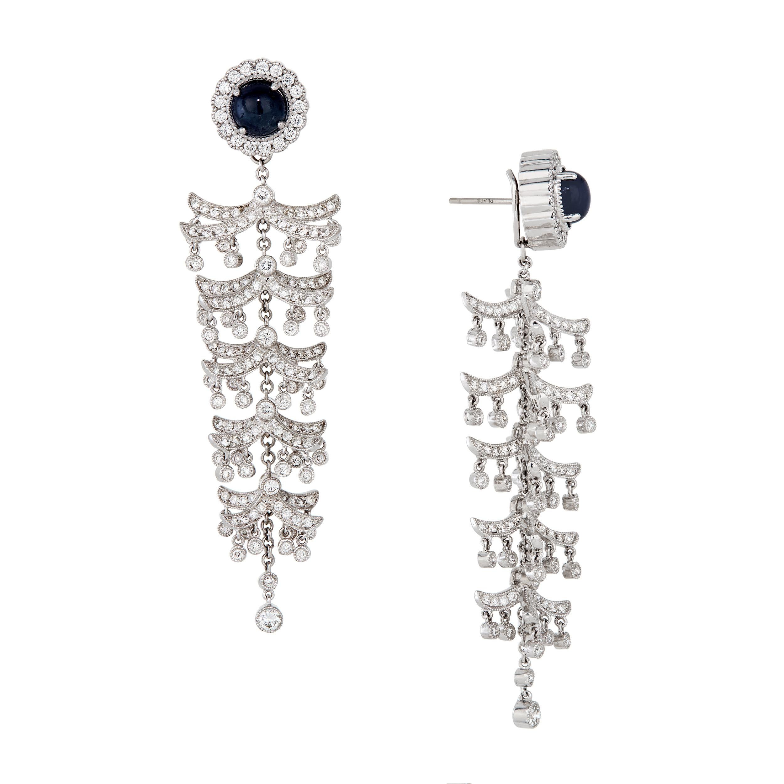 Overall Description:

Computer Aided Design Pagoda Earrings
     •Detachable - stud or dangle options
     
Round Cabochons Sapphires
     •6 mm
     •2.64 Carats total

Platinum Semi-Set 3/8 Carat DWT
     •6 mm openings

Measurements:
     •Stud: